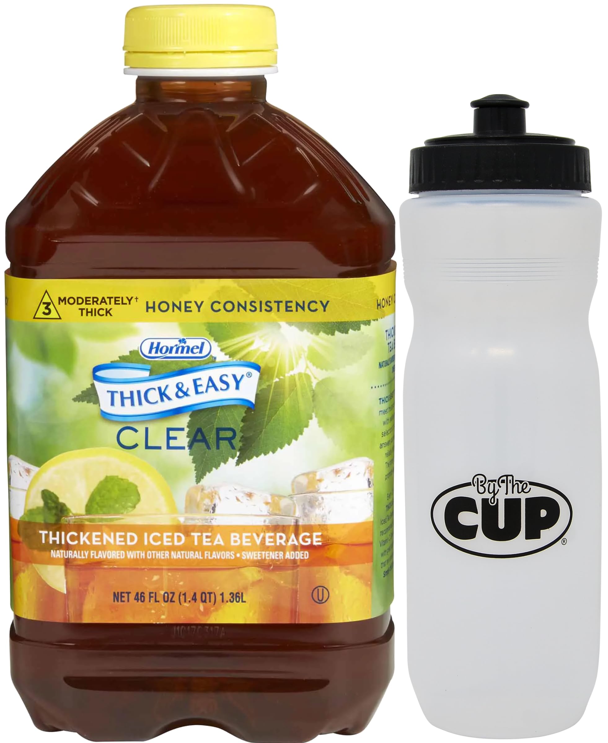 Thick & Easy Clear Thickened Iced Tea Flavored Drink, Honey Consistency, 46 oz with By The Cup Water Bottle