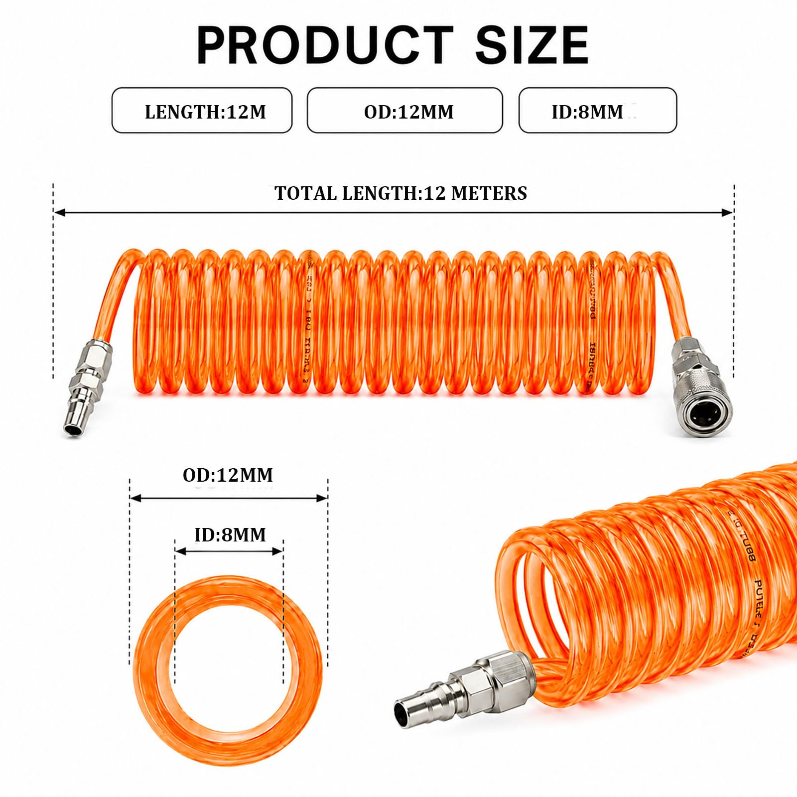 Tuyau d'air en PU enroulé Orange-Rouge avec raccords, 12 mm OD 8 mm ID, Longueur 3-15 m,12mm