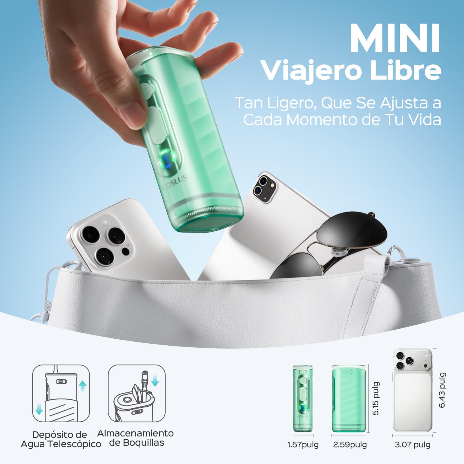 COSLUS T50 Mini Munddusche mit Display, ideal für unterwegs | Mini zahnsteinentferner, Druckanzeigeleuchte, 9 Stufen für Zahnspangen, wiederaufladbar für unterwegs, IPX7, 240 ML, Grün