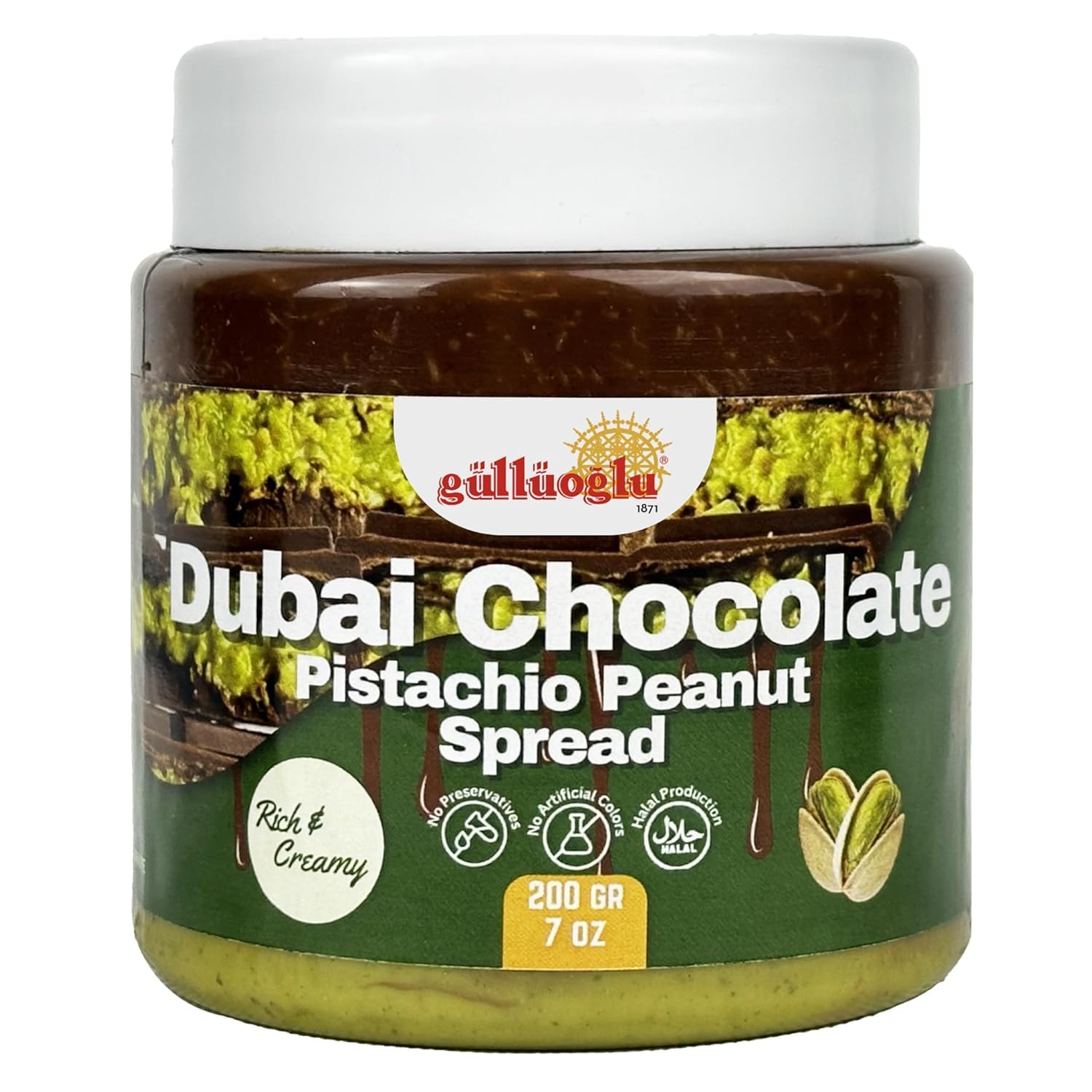 Gulluoglu Dubai Chocolate Pistachio Peanut Spread – Rich & Creamy Middle Eastern Chocolate Paste with Roasted Pistachios & Peanuts, 7 oz (200g) Jar – Gourmet Halal Dessert