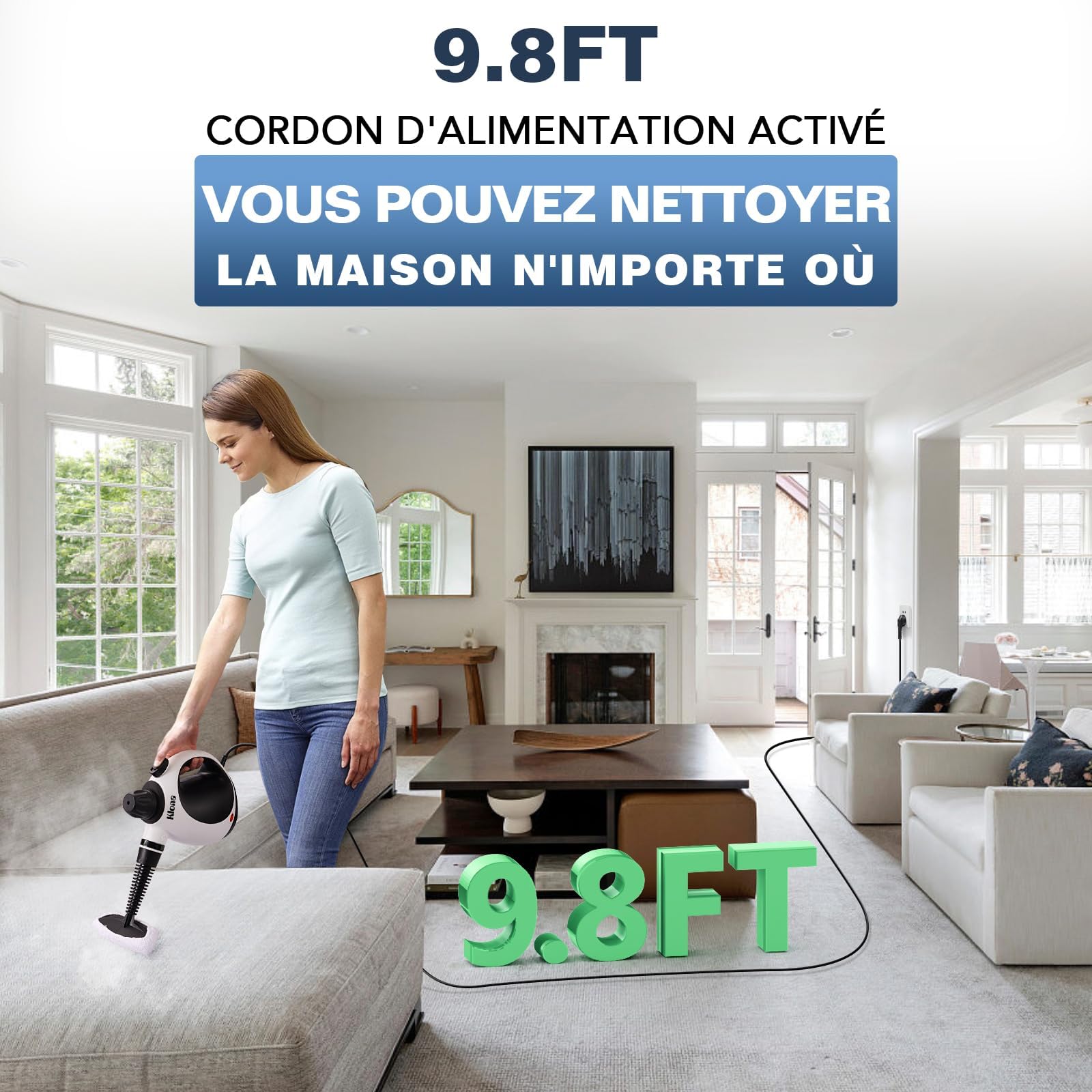 KLONA Nettoyeur Vapeur Portable, 1050W, Nettoyage Haute Température | pour Tapis, Rideaux, Canapés, Cuisine, Salle de Bain | Sans Chimie | Serrure de Sécurité | avec 10 Accessoires