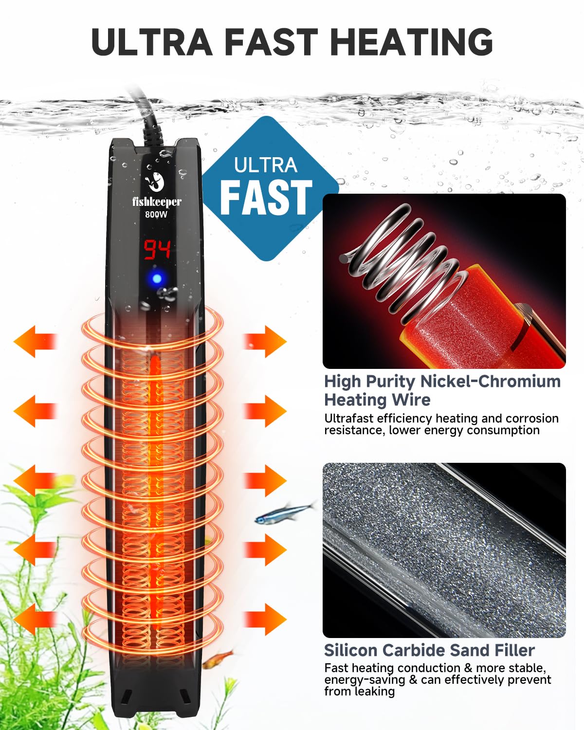 fishkeeper Chauffage submersible intelligent pour aquarium 800 W