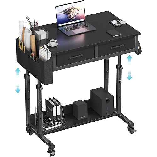 Small Portable Rolling Standing Desk - 32 Inch Adjustable Mobile Stand Up Teacher Desks with 2 Fabric Drawers on Wheels for Classroom, Couch Sofa Side Laptop Table with Storage for Home Office, Black