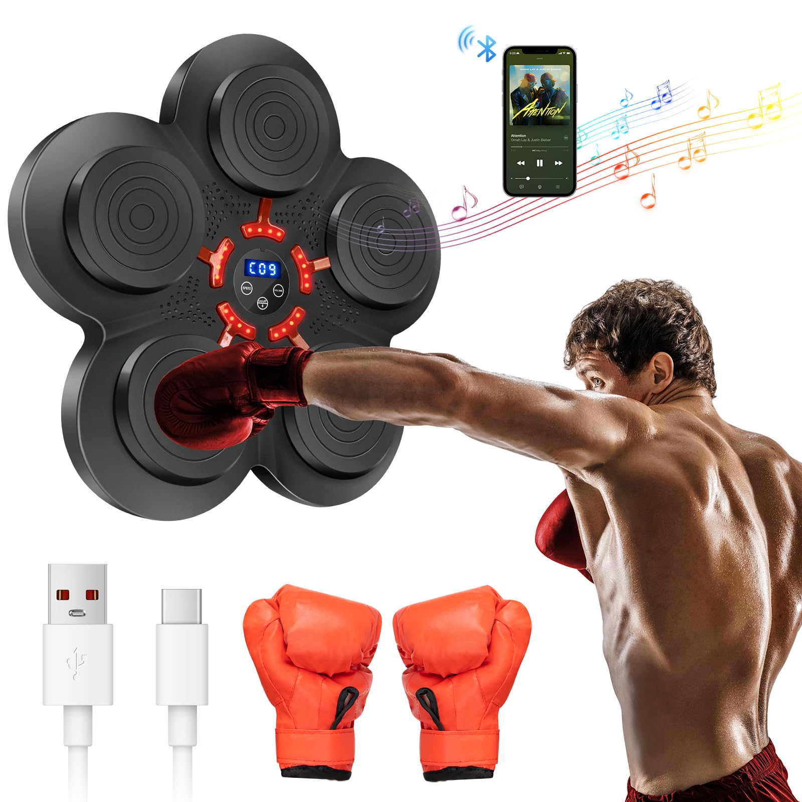 Music Boxing Machine with Adult Boxing Gloves, Wall Mounted Smart Bluetooth Boxing Target Training Punching Equipment with 9 Modes Speed, Electronic Intelligent Boxing Target for Home, Indoor and Gym