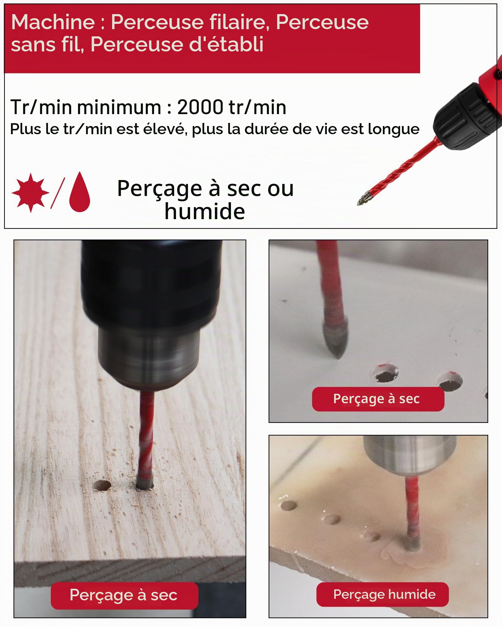 FOCSTOL Set de Foret Sec - 10 Pièces 5/6/8/10/12mm Foret Excentrique Dentelé avec Changement Rapide Tige Hexagonale pour Bois Plastique Maçonnerie Céramique Béton Marbre