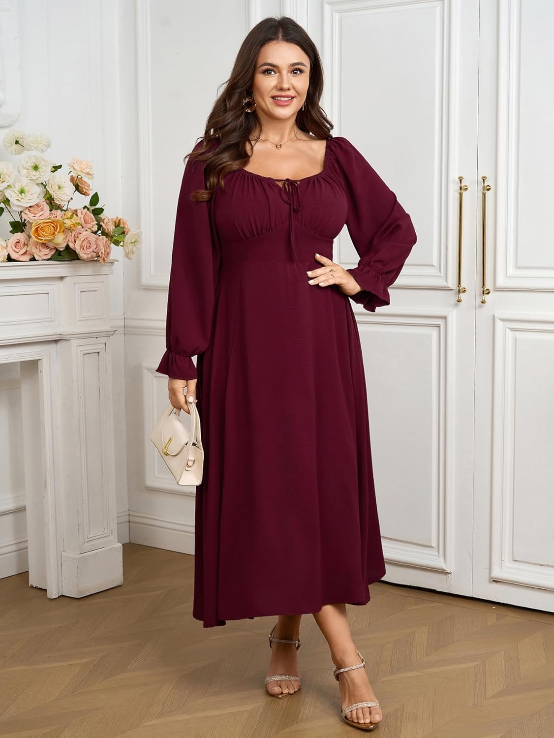 Women's Plus Size Milkmaid Dress Long Sleeve Square Neck Dress A-Line Flowy Maxi Wedding Guest Cocktail Formal Dresses - Image 2