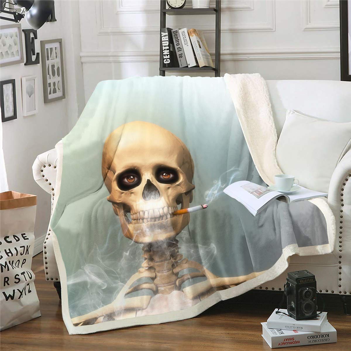 Loussiesd SmoKing 87"*94" Skull Fleece Blankets for Boys Death Skeleton Blankets and Throws Kids Teens Gothic Bones Print Blanket Horror Skull Sherpa Blanket,CCCCCs King 87"*94"