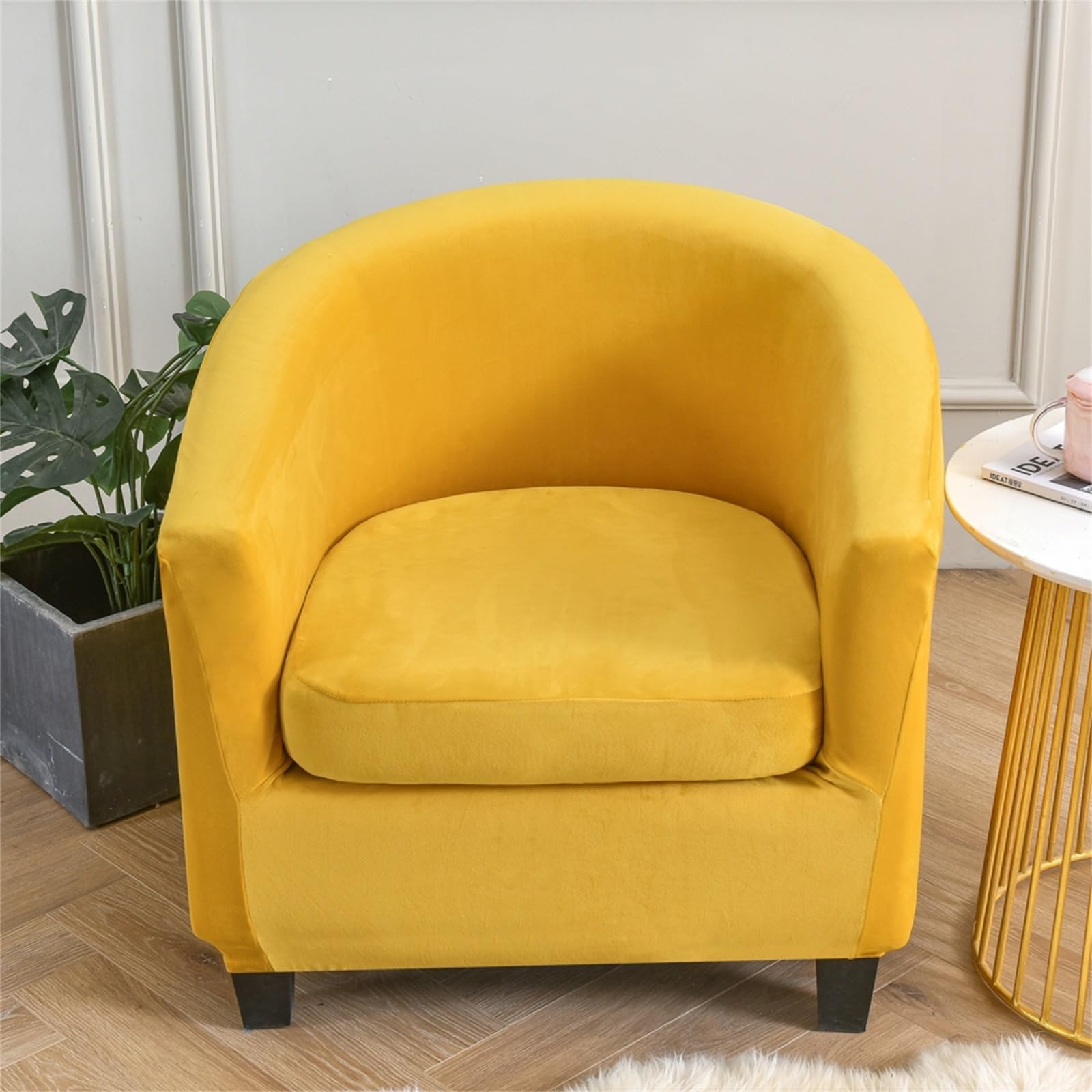 Tub Chair Covers 2 Piece Set - Soft Velvet Tub Chair Cover 2 IN 1 Design Removable Bucket Chair Covers Stretch Armchair Covers with Cushion Cover for Dining Living Room Office Reception (Lemon Yellow)