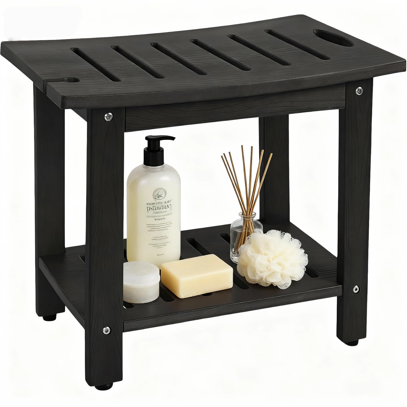 21.2" HDPE Shower Bench with Adjustable Feet &amp; Storage Shelf, Waterproof Non-Slip Stool for Inside Shower, Heavy Duty 450 LBS Chair Seat for Bathroom/Indoor/Outdoor Use, Black