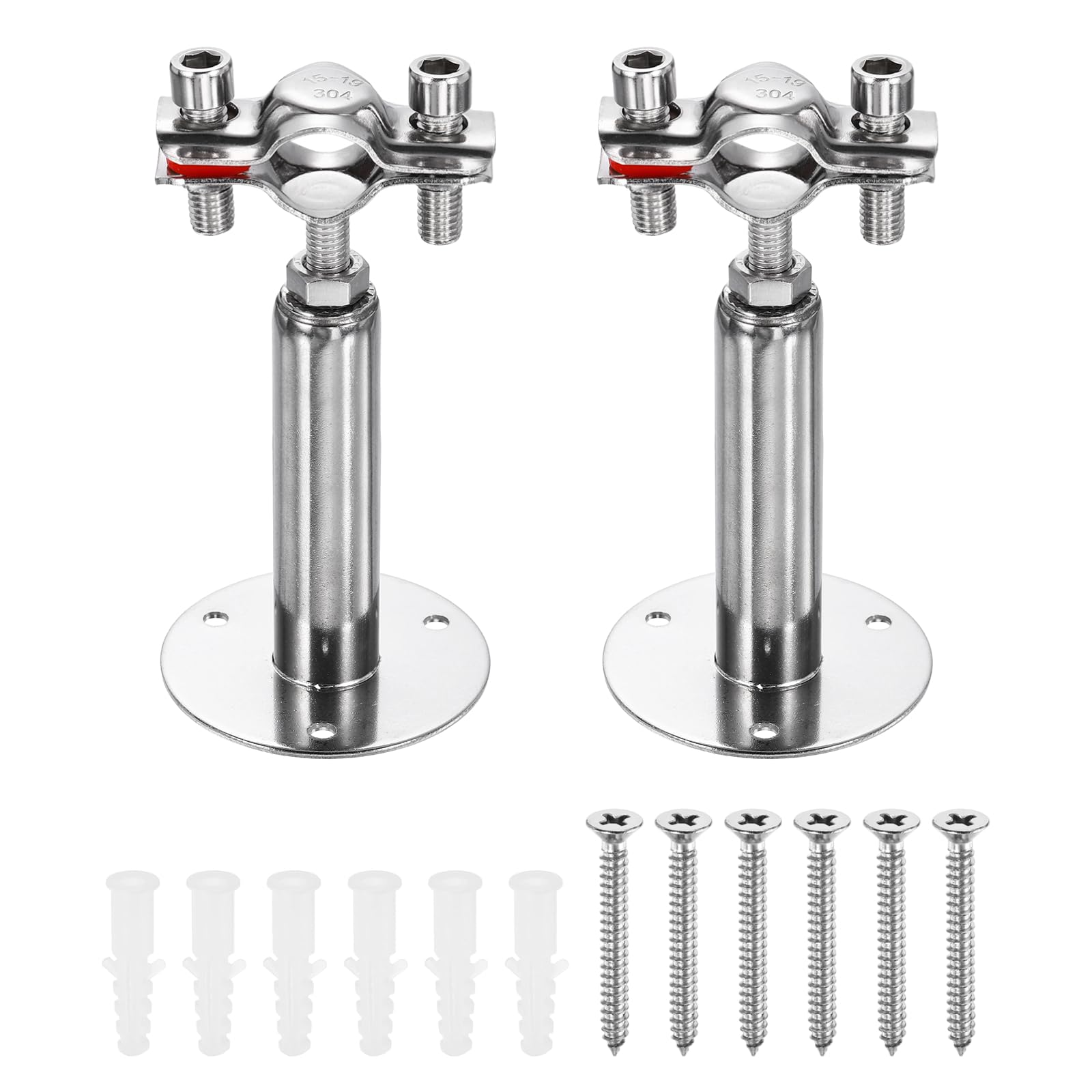 sourcing map 2 Set Wall Mount Ceiling Mount Pipe Supports 304 Stainless Steel Adjustable Pipe Bracket Clamp with Screw for OD Pipe 0.6"-0.7" (15-19mm) Adjustable Height 100-150mm