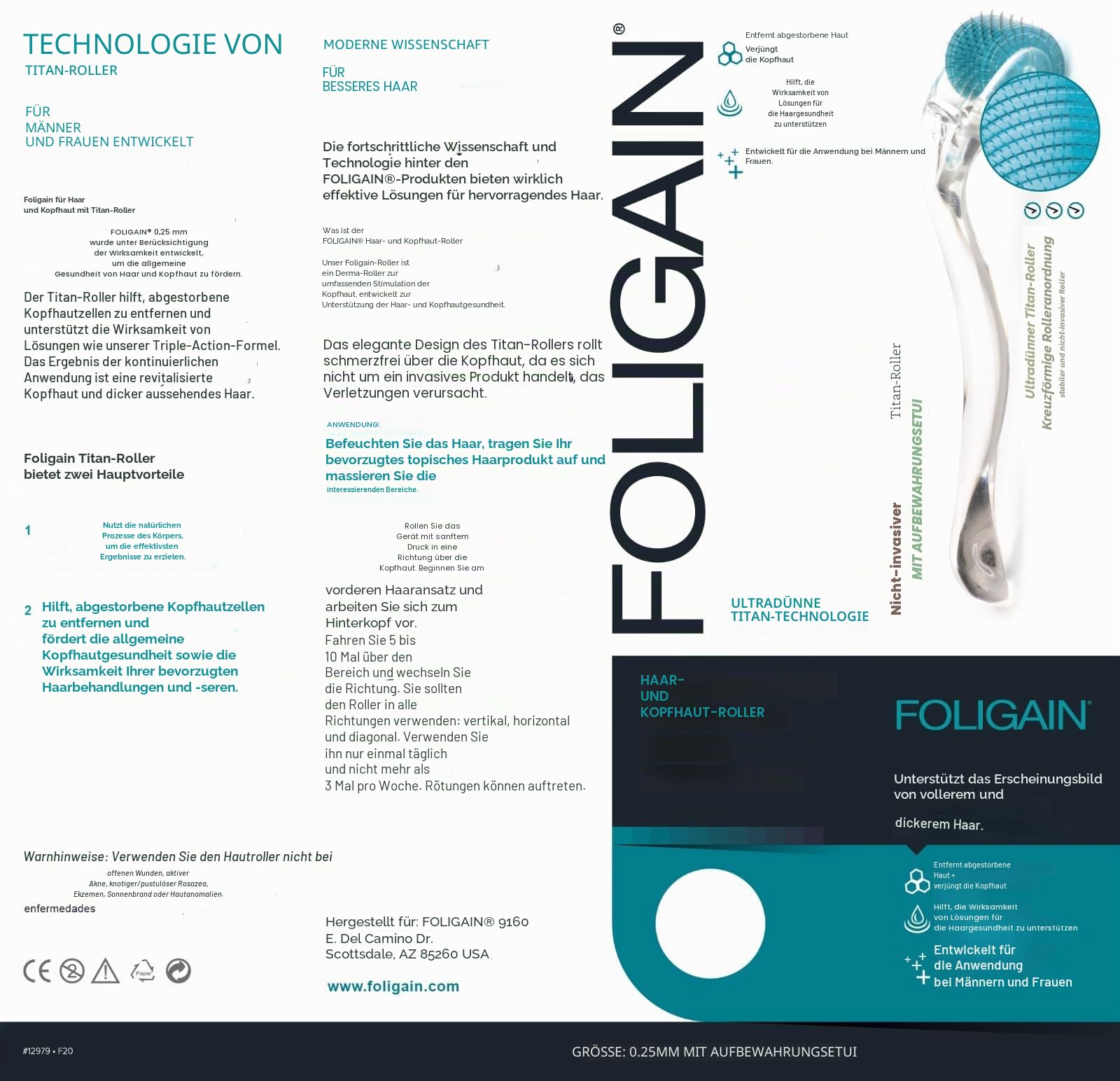 Foligain Haar- und Kopfhaut-Roller mit 540 Titannadeln