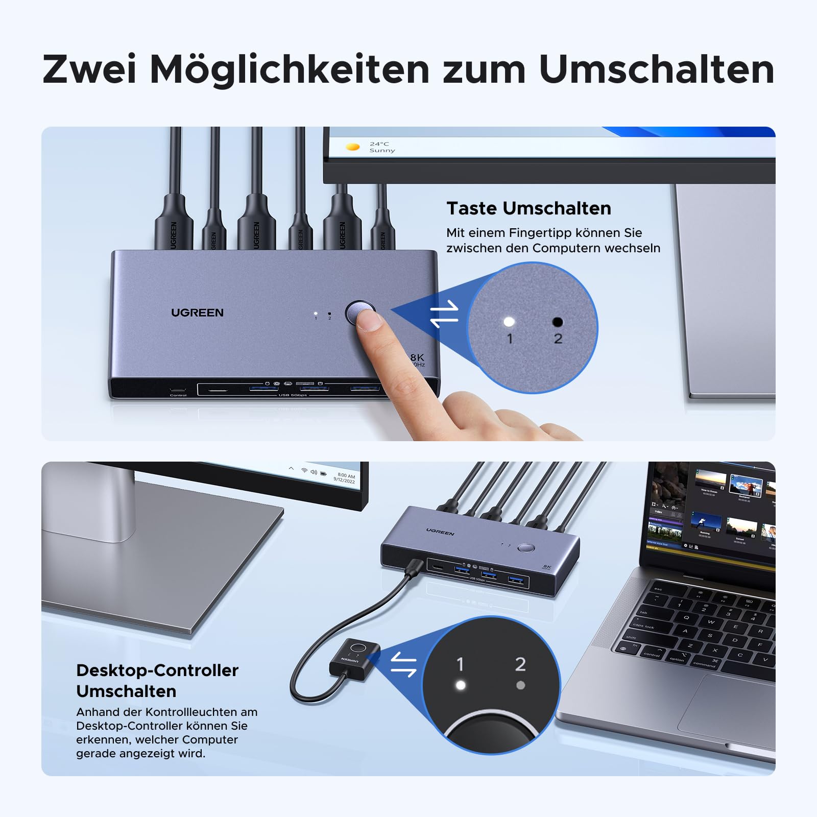 UGREEN DP 1.4 KVM Switch 8K@60Hz 2 PC 1 Monitor mit 4 USB 3.0 Ports | KVM Switch 8K60Hz 4K240Hz 4K120Hz kompatibel mit Windows, MacOS und Linux