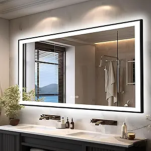 66x36 LED Lit Bathroom Mirror - Black Framed, Front and Backlit LED Mirror, Anti-Fog Bathroom Mirror with Lights, 3 Colors Stepless Dimmable Mirror, Touch Sense (Horizontal/Vertical)