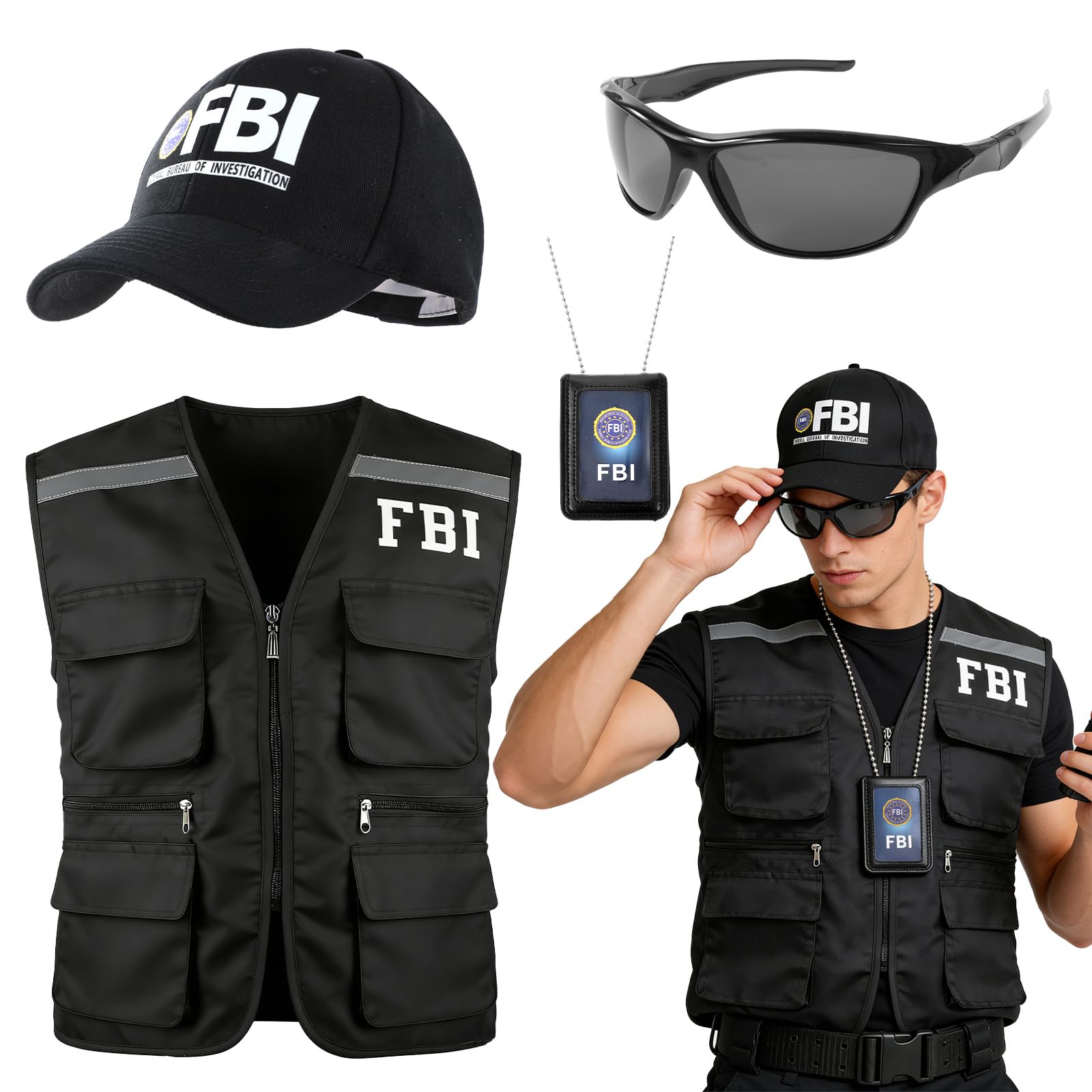 4pcs FBI Costume Men Women, FBI Agent Costume Include Vest Hat Badge and Police Sunglasses for Roleplay Halloween Party
