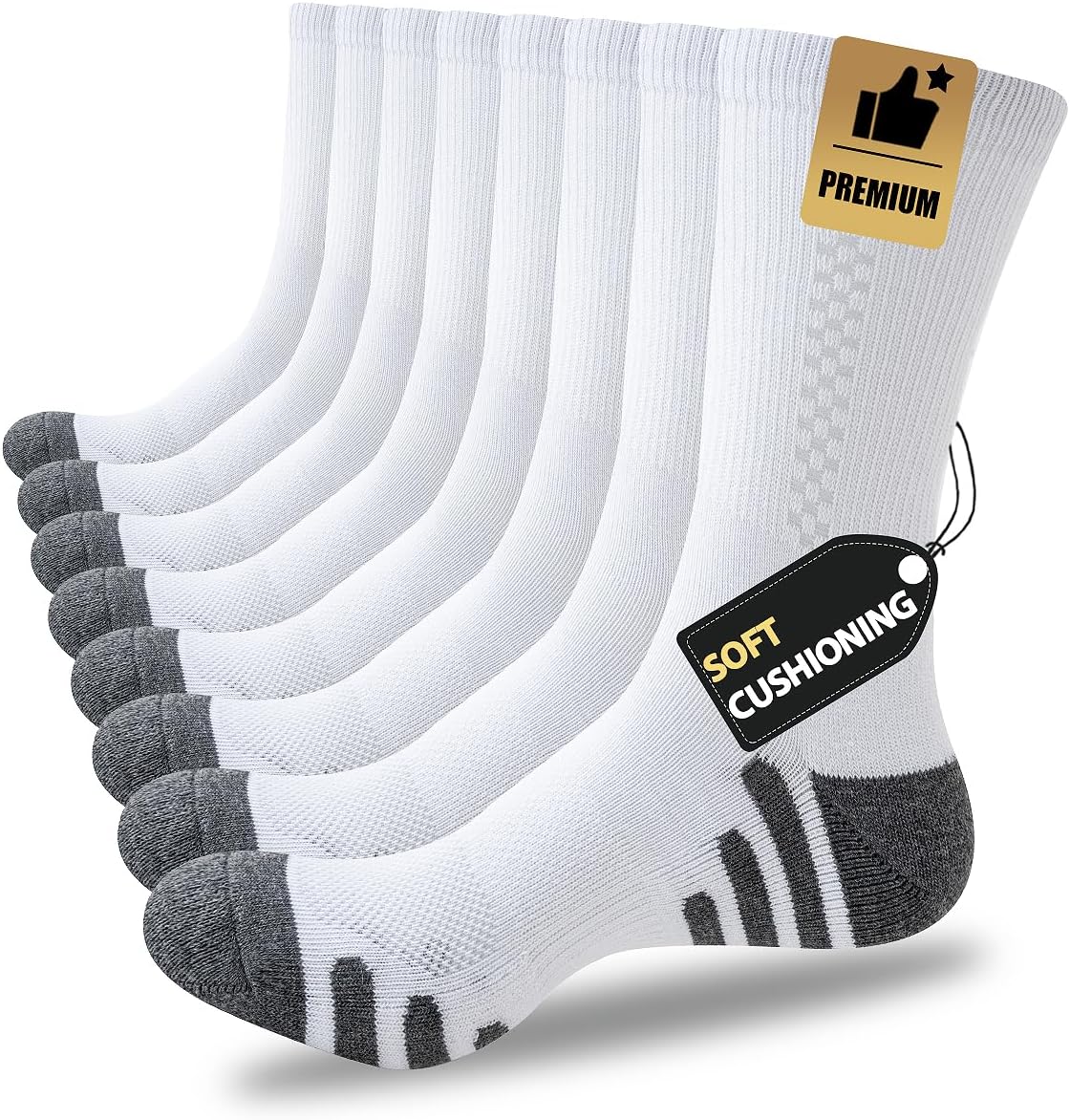 JOYNÉE 8 Pairs Mens Crew Athletic Work Long Socks Calf Cushioned Socks for Sports Running Workout Gym