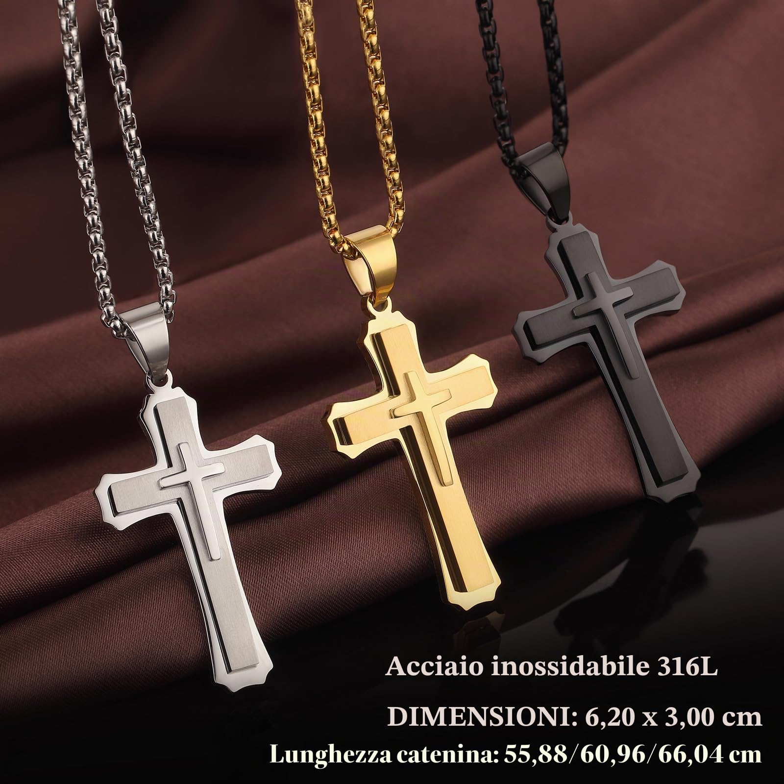 jiamiaoi Collane Croce uomo oro acciaio inox Ciondolo Croce uomo placcato oro bianco 18 carati, Ciondolo Crocifisso Ciondolo Collana Croce Uomo Bianco/Oro/Nero con Catena 20-26 Pollici