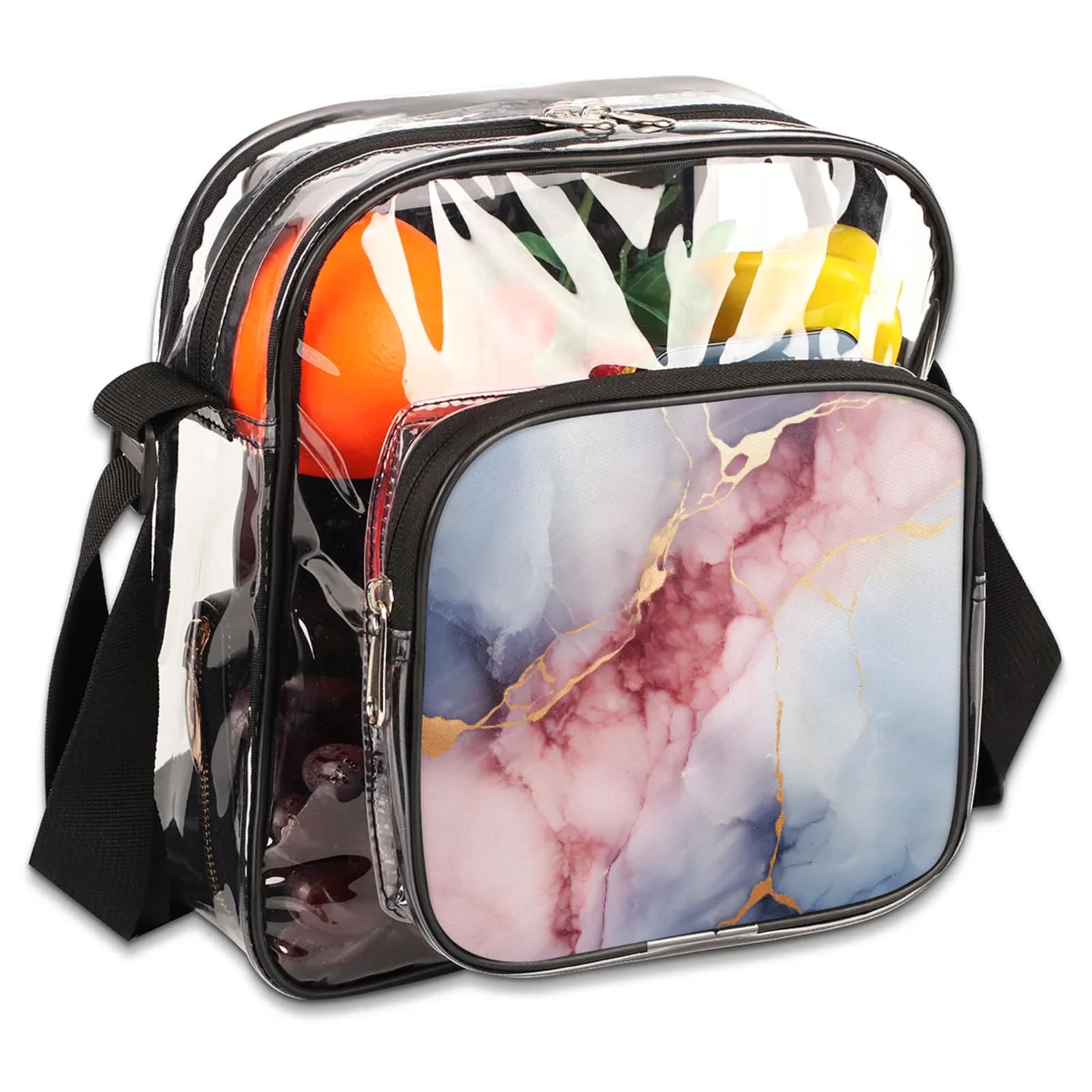 GzLeyigou Clear Crossbody Bag Stadium Approved Abstract Marbling Texture Transparent Bag for Festivals, Sports Events, Concerts,Beach Bag for Women Men Clear Purse with Front Pocket Messenger Bag