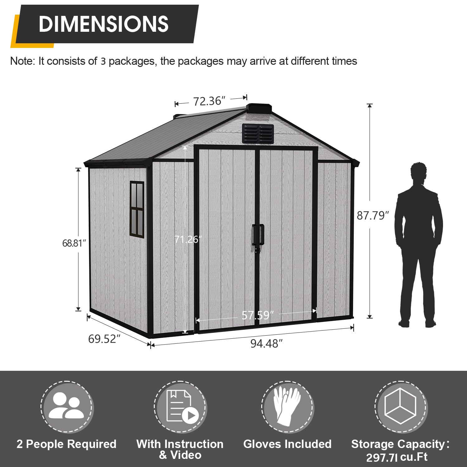 MELLCOM 8 x 6 FT Resin Outdoor Storage Shed with Floor, Outdoor Storage Tool Shed with Windows and Lockable Door, Resin Garden Shed for Lawnmower, Bike, Pool Supply - 2