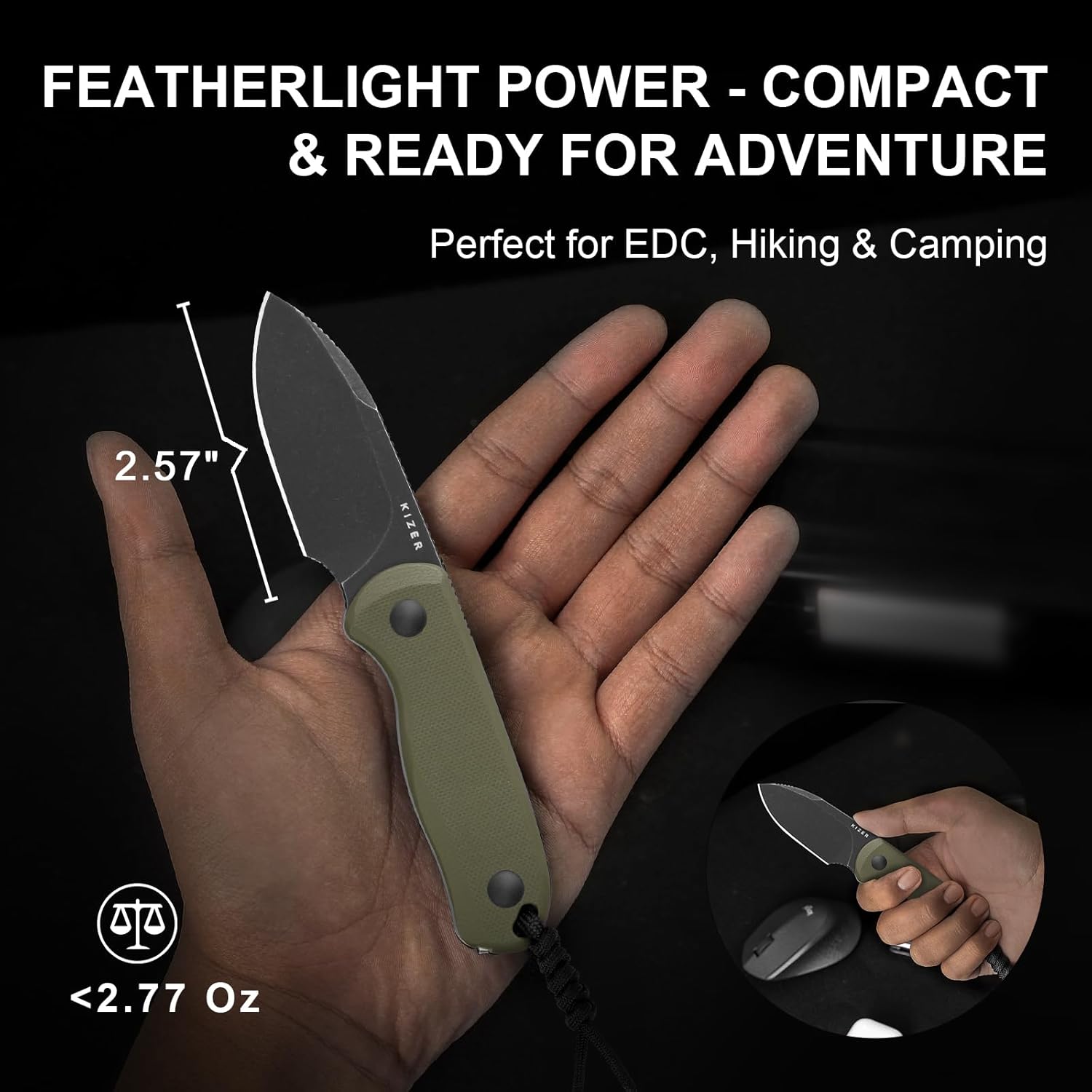 Kizer Drop Bear Fixed Blade Knife, 2.57" Black Stonewash D2 Blade EDC Camping Knife with Olive Green G10 Handle & Hidden Tool, Full Tang Hunting Survival Knives with Adjustable Kydex Sheath, 1094M1 - Image 2