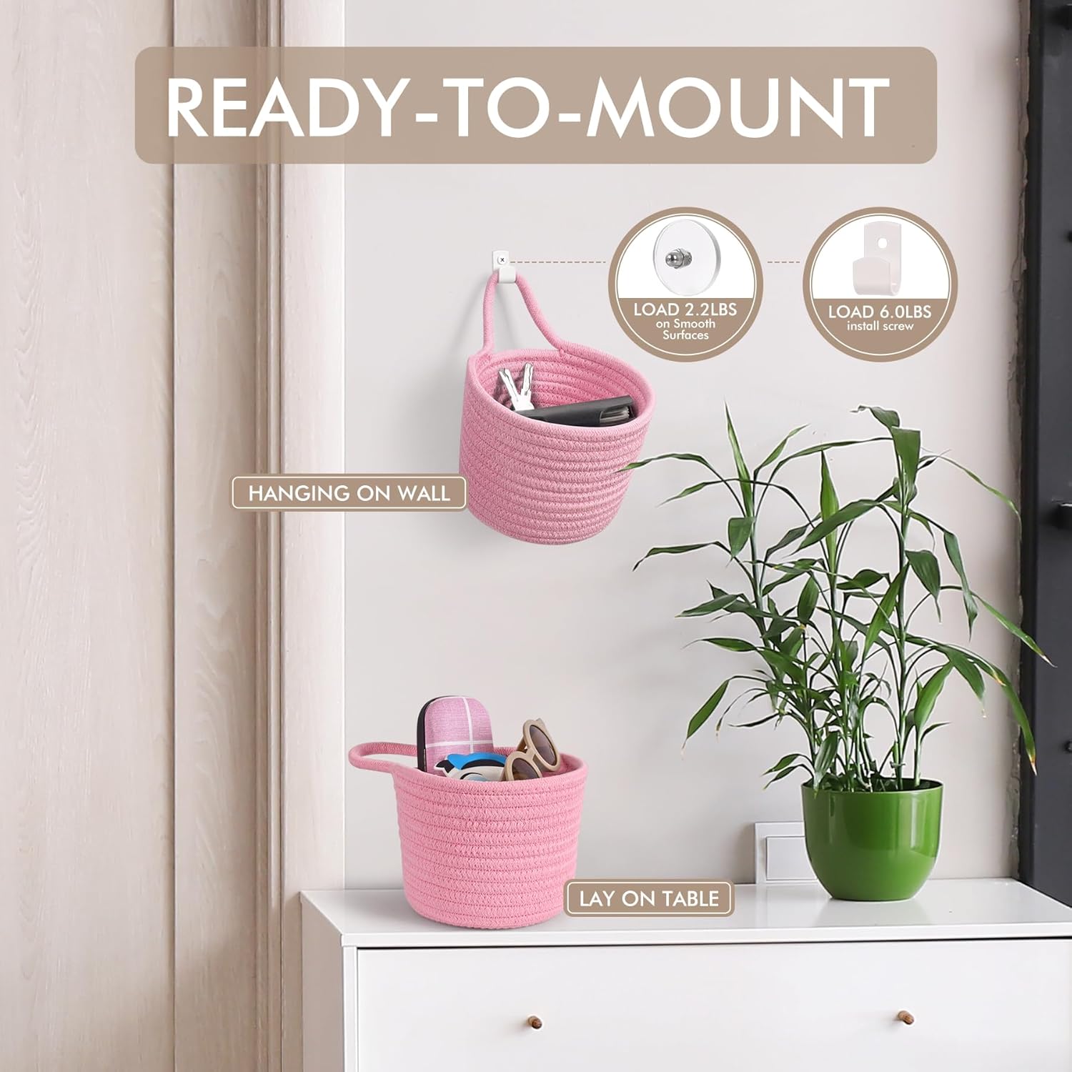 Fabric Wall Hanging Baskets - 3Pack Woven Pouchs Boho Style Wall Mounted Bag with Adhesive Hooks, Storage Organizers and Decoration Pocket Caddy Bins on Door Rack (Bright Pink & White, Large) - Image 4