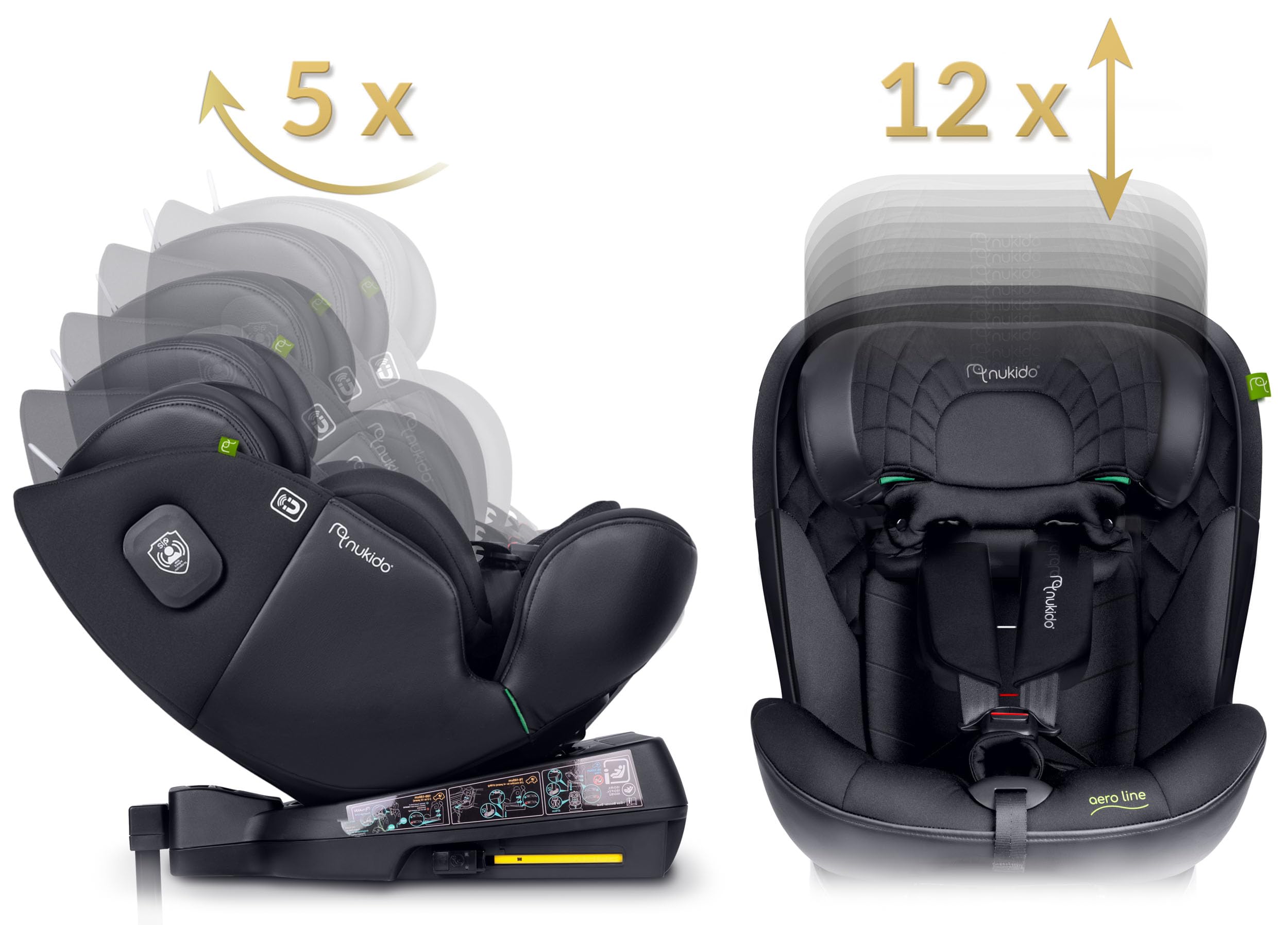 Nukido Kindersitz 360 Drehbar Autositz Kinder Kinderautositz i-Size ISOFIX 5 Punkt Sicherheitsgurt 0-12 Jahre Bis 36 kg Schwarz Aero Line