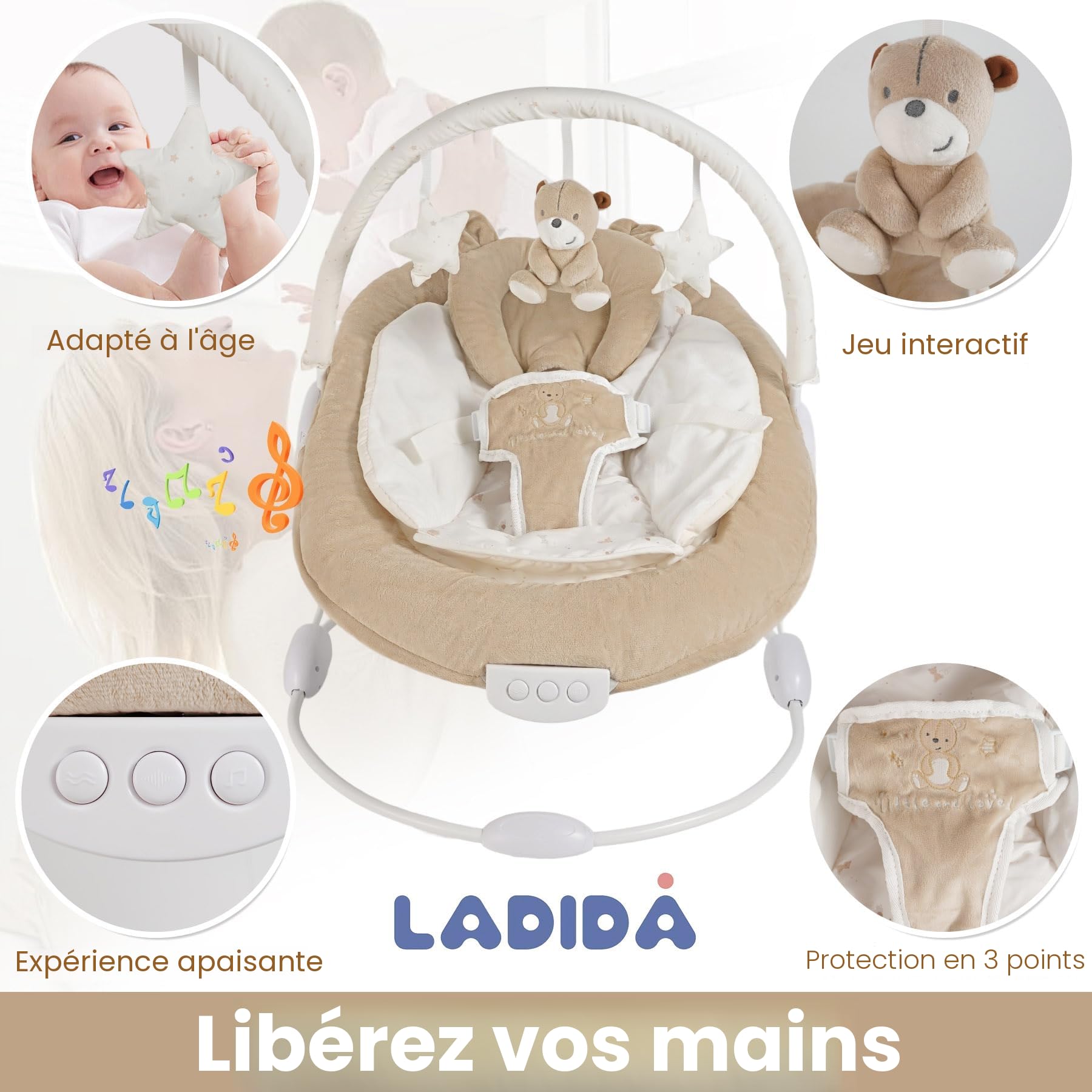 LADIDA Transat pour bébé rembourré en peluche avec vibrations et mélodies apaisantes, bruit blanc, barres de jouets amovibles avec jouets mignons 0m+ Marron (078)
