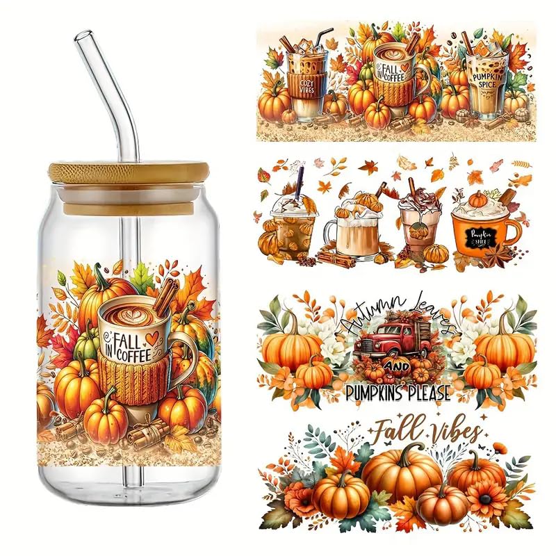 4pcs Autumn Pumpkin & Floral UV DTF Cup Wraps Winter UV DTF Transfer Waterproof Sticker for Glass Cups Furniture Craft DIY Crafts，Rub on Transfer