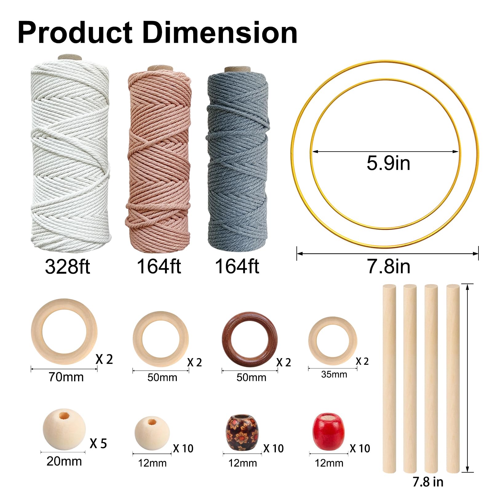 Macrame Kit,Macrame Kit for Beginners,656 Feet 3mm Macrame Cord,Natural Cotton Yarn Macrame with Wooden Beads,Wooden Poles,All Accessories to Make Macrame Plant Hanger,Macrame Wall Hanging Craft Kit - Image 2