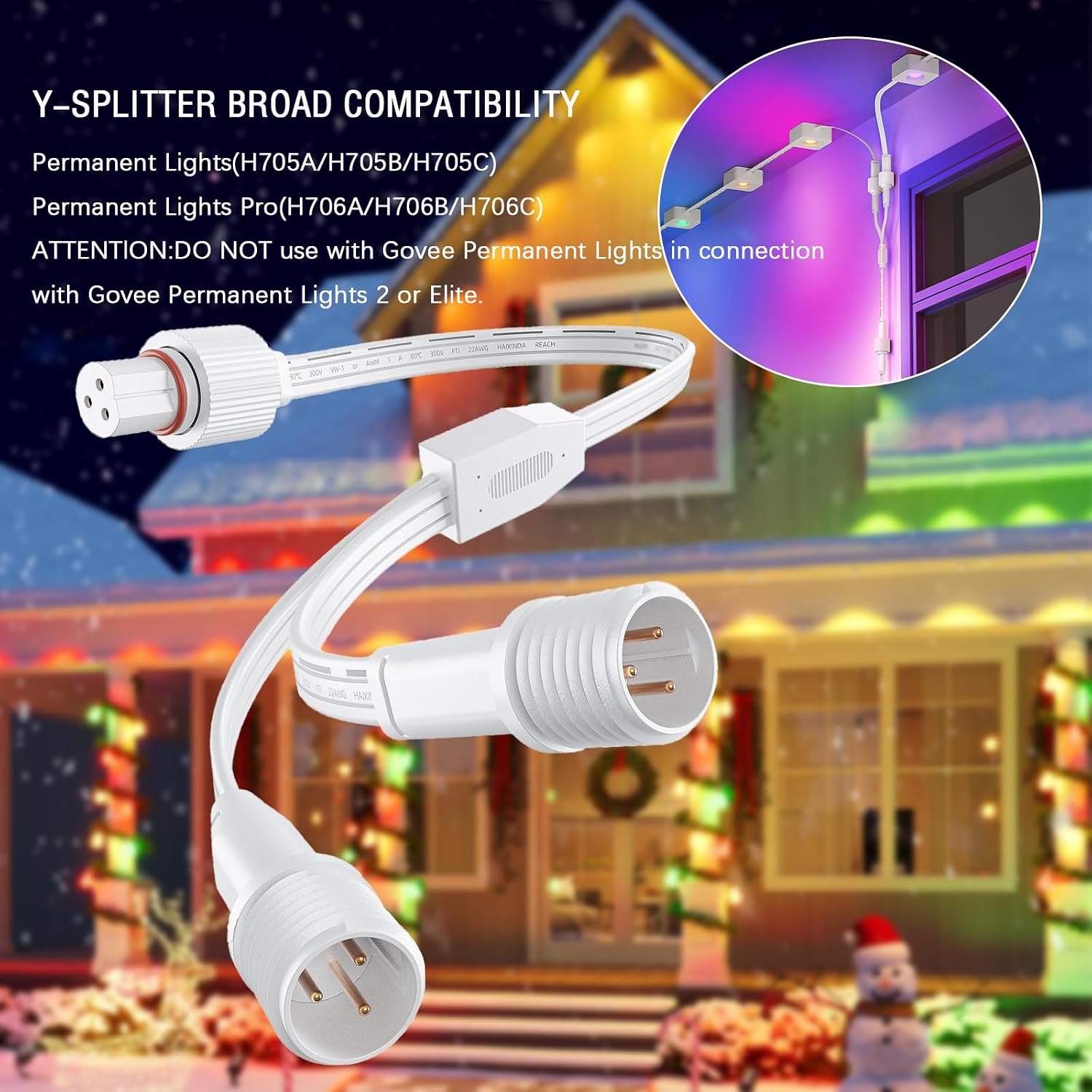 Y-Shaped Extension Cable for Govee Permanent Outdoor Lights,1 Female to 2 Male Y-Connector Splitter for Halloween,Christmas,Daily and Holiday
