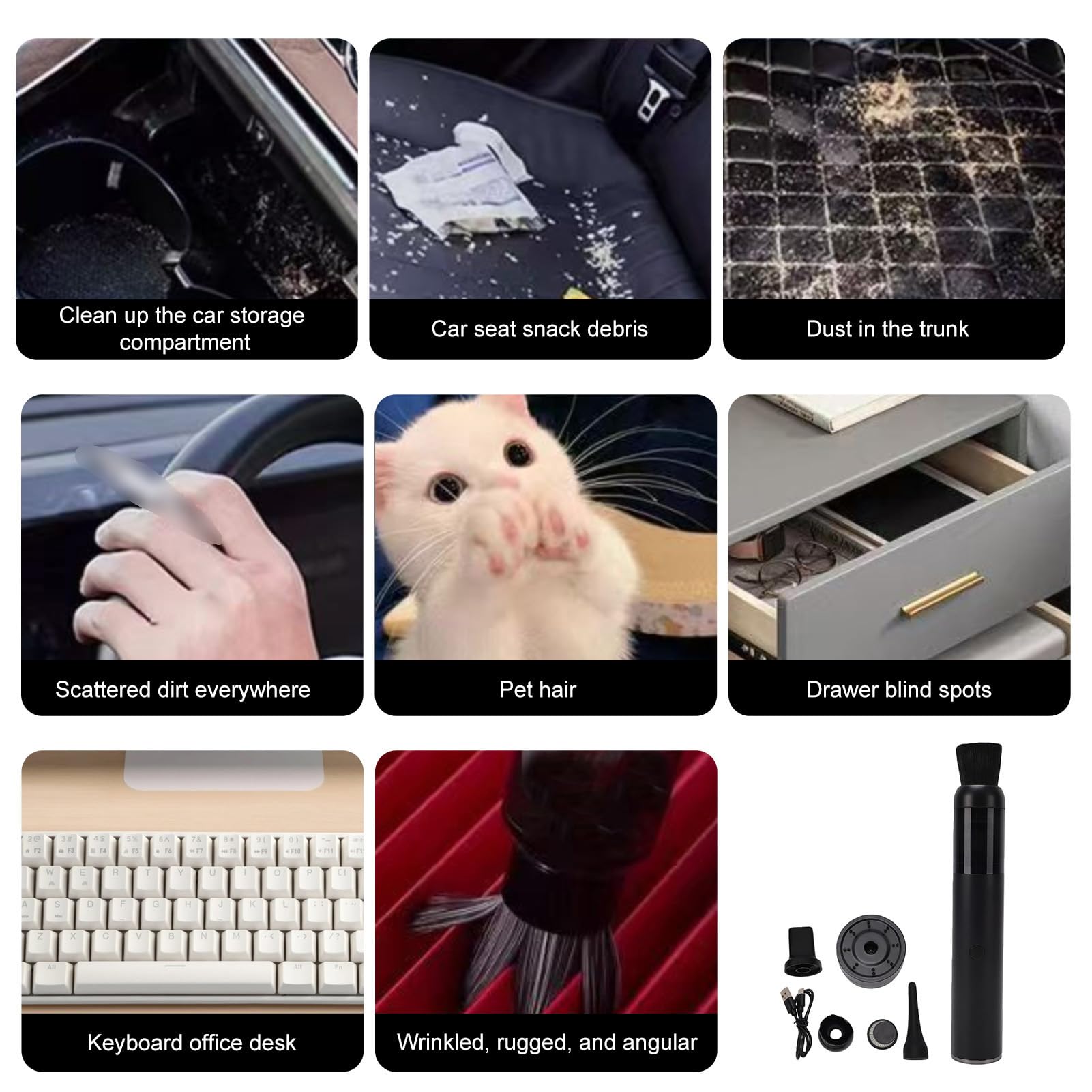 Fockety Aspirador Molinillo de Café Inalámbrico de Mano, 40W | Aspiradora de Aire 2 en 1 para Coche, Batería Recargable de 2600mAh, Fuerte Succión, para Teclado, Máquina de café Expreso