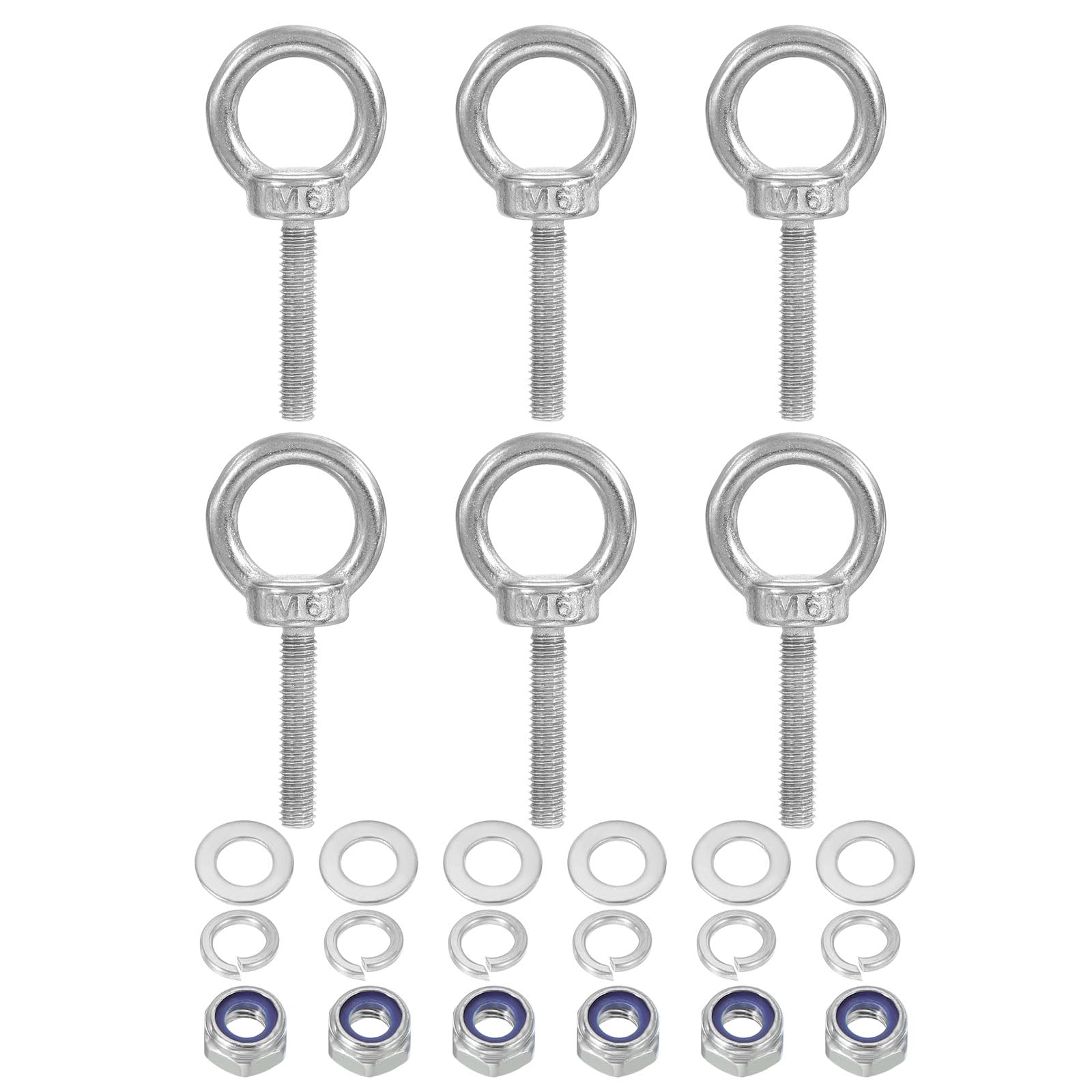 PATIKIL M6 x 30mm Eye Bolt with Nut, 6 Pack 304 Stainless Steel Lifting Shoulder Eyebolt Lift Thread Screws for Hanging Silver