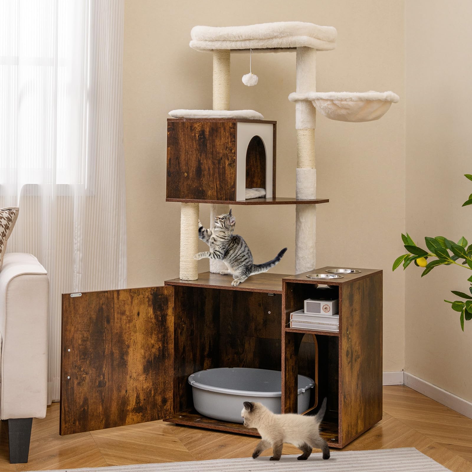 COSTWAY Albero per Gatti con Mobile per Lettiera Alto 155 cm (Marrone) | Tiragraffi per Gatti con Posto Graffio in Sisal e Tappetino, Pallina Pendenti, Toilette Nascosta e 2 Ciotole per Cibo