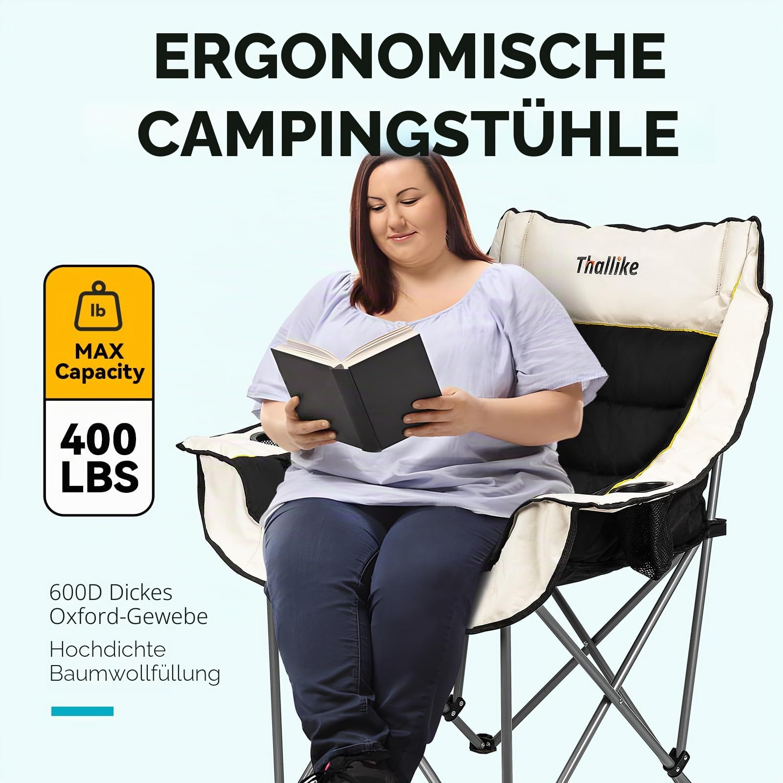 Übergroßer Campingstuhl, strapazierfähig, zusammenklappbar, für Erwachsene, XL, gepolstert, mit Getränkehaltern, Aufbewahrungstasche und Tragetasche, für Camping, Hinterhof, Angeln, Sport