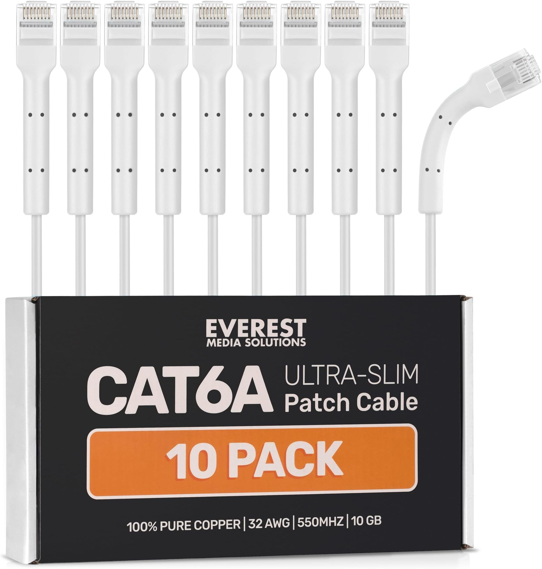 Everest Ultra Slim Cat6a Ethernet Patch Cables 1ft (10-Pack) White - 10GB Cat 6a Patch Cable - Bendable, Flexible & Thin Ethernet Cable - Space Saving 32AWG 550MHZ Cat6a Cables - 100% Copper Wires