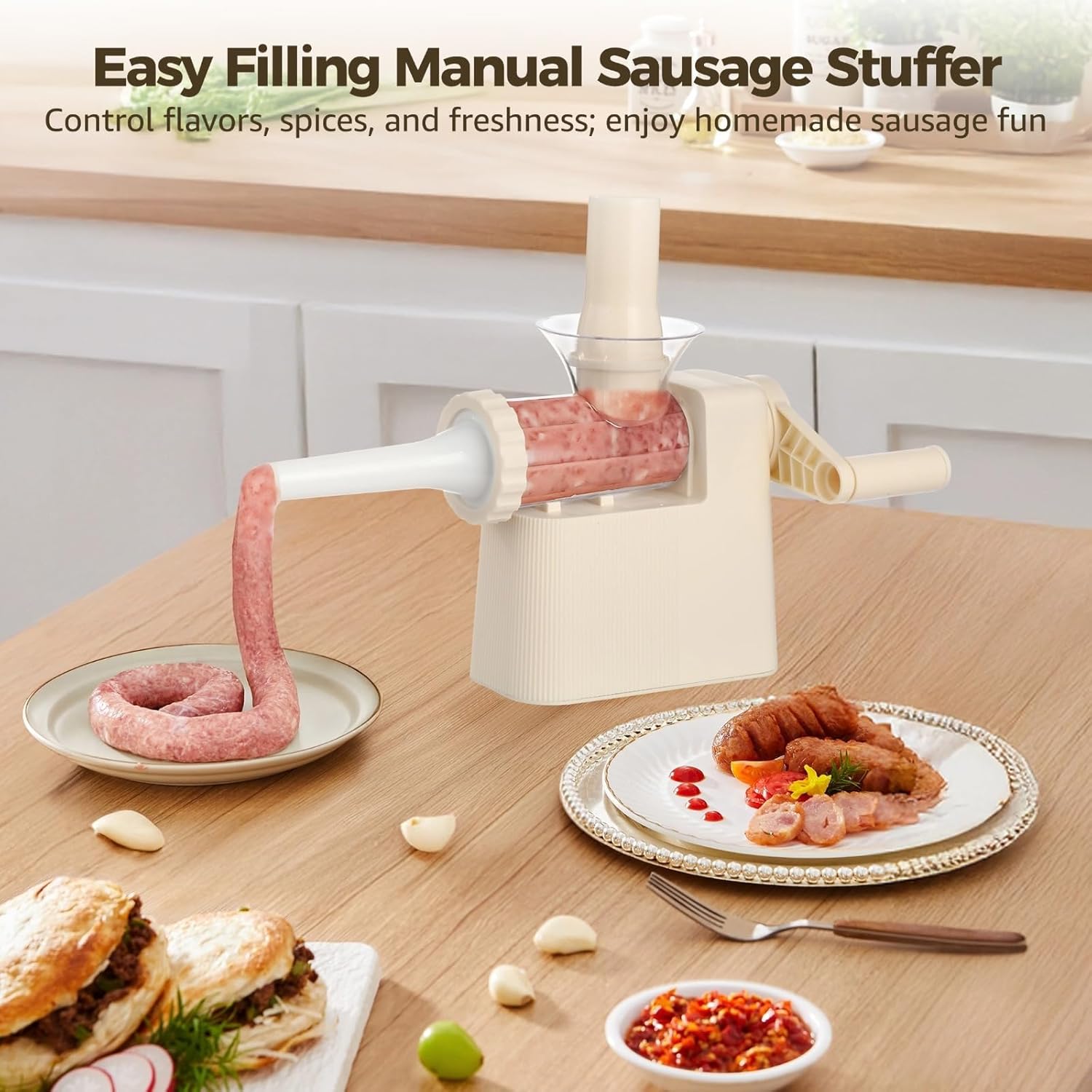 Sausage Stuffer Machine with 4 Tubes, Homemade Sausage Maker for Bratwurst, Hot Dogs, Meatballs, Manual Meat Grinder, Easy Filling, Kitchen and Butcher Shop