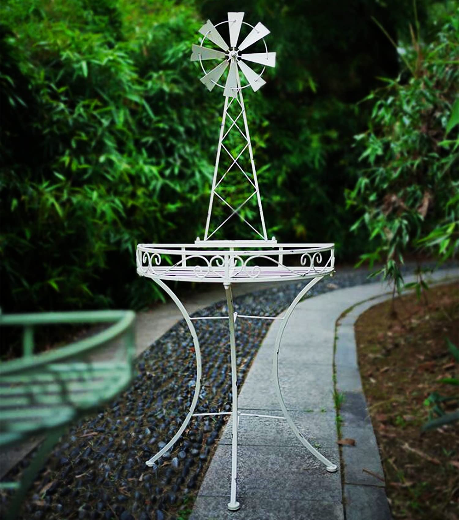 Tavolino bianco da esterno con design rotante con mulino a vento, resistente alle intemperie, tavolo da picnic portatile e tavolo da bistrot per giardino, piscina, portico, supporto per piante da