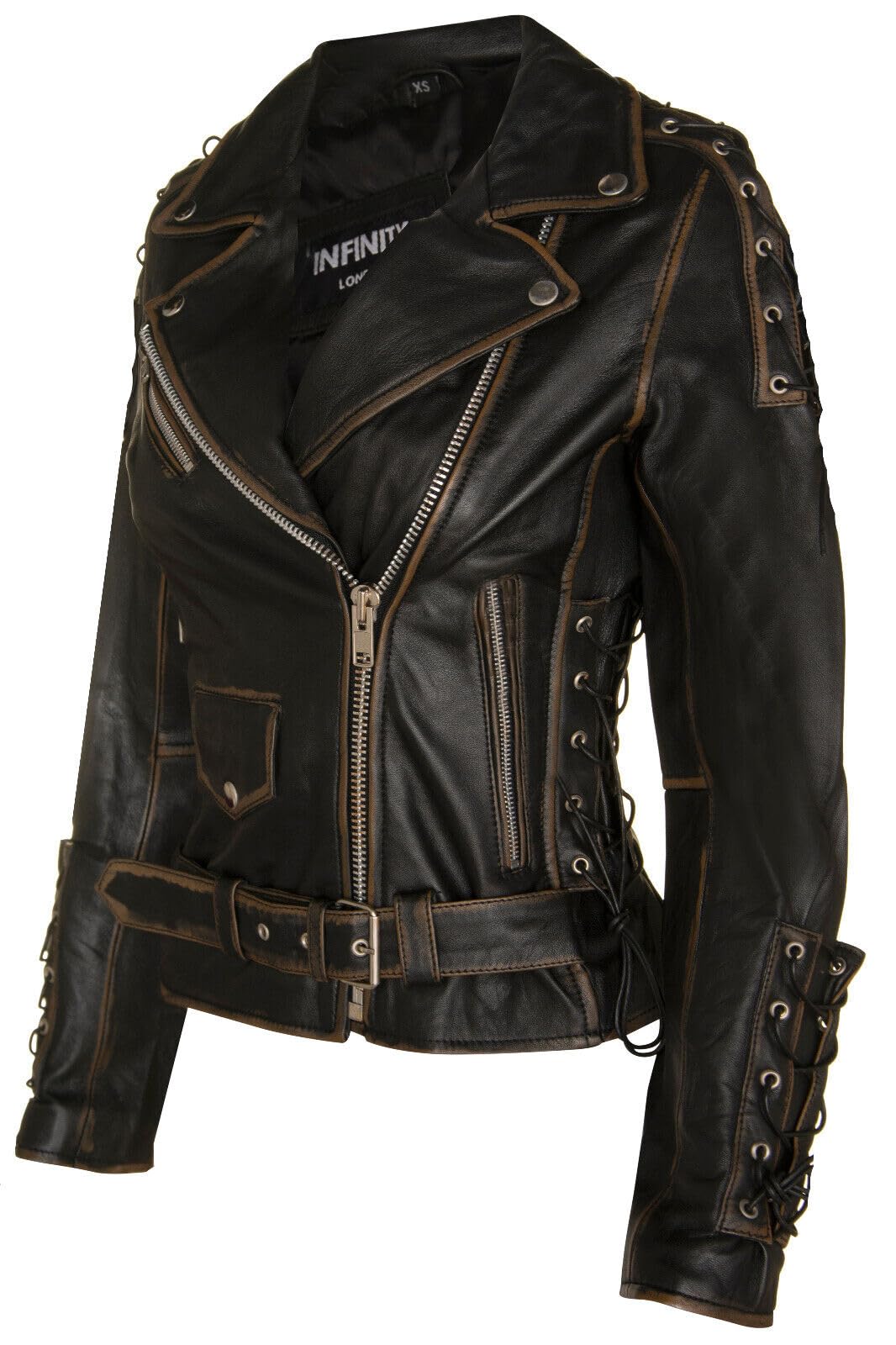 Infinity Leather Mujer negro Cuero Motero Brando Chaqueta de moto