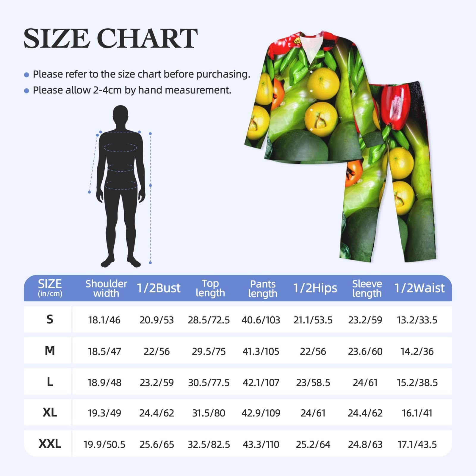 Conjunto de pijama de manga larga para hombre con estampado de frutas y verduras frescas, ropa de dormir transpirable y cómoda