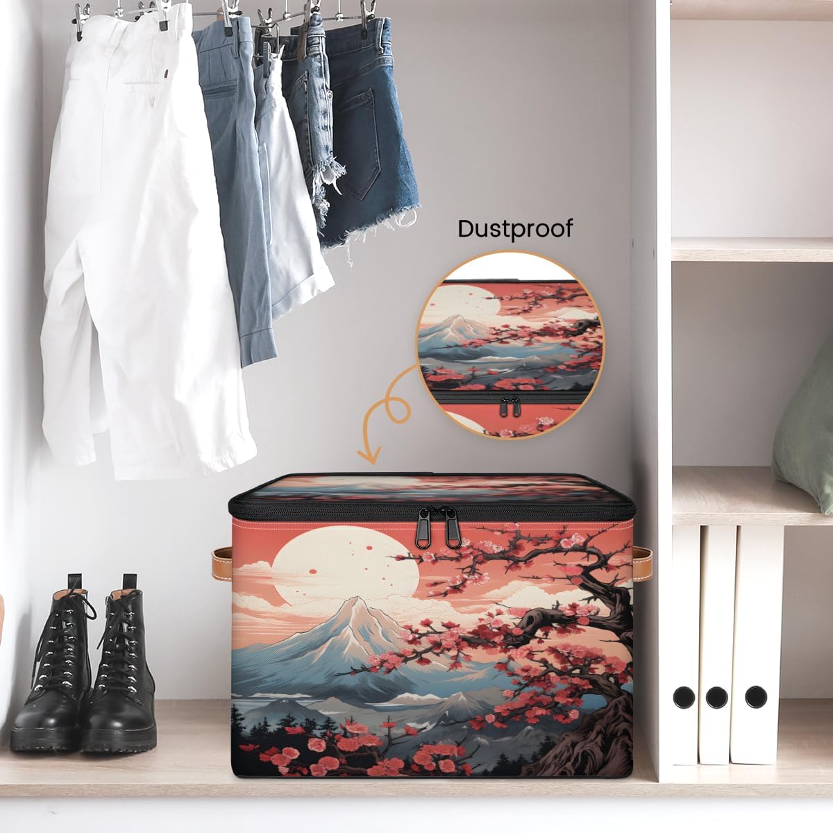 Storage Bin Set of 2 Japanese Mountain Flower Storage Basket with Zipper Lid & Handle Foldable Closet Shelf 2 Pack Cloth Organizer Basket Cube Bins Clothes Organizer for Nursery, Bedroom