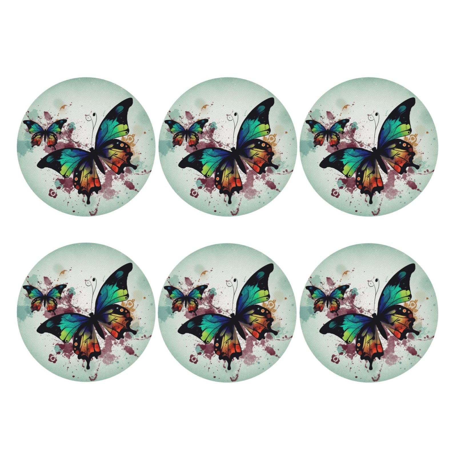 6Pcs PU Leather Coaster for Drinks, Artistic Butterfly Cup Coastersr 4" Cup Mat Pad, Aesthetic Drink Coasters for Coffee Table, Round Shape Coaster for Tabletop Protection