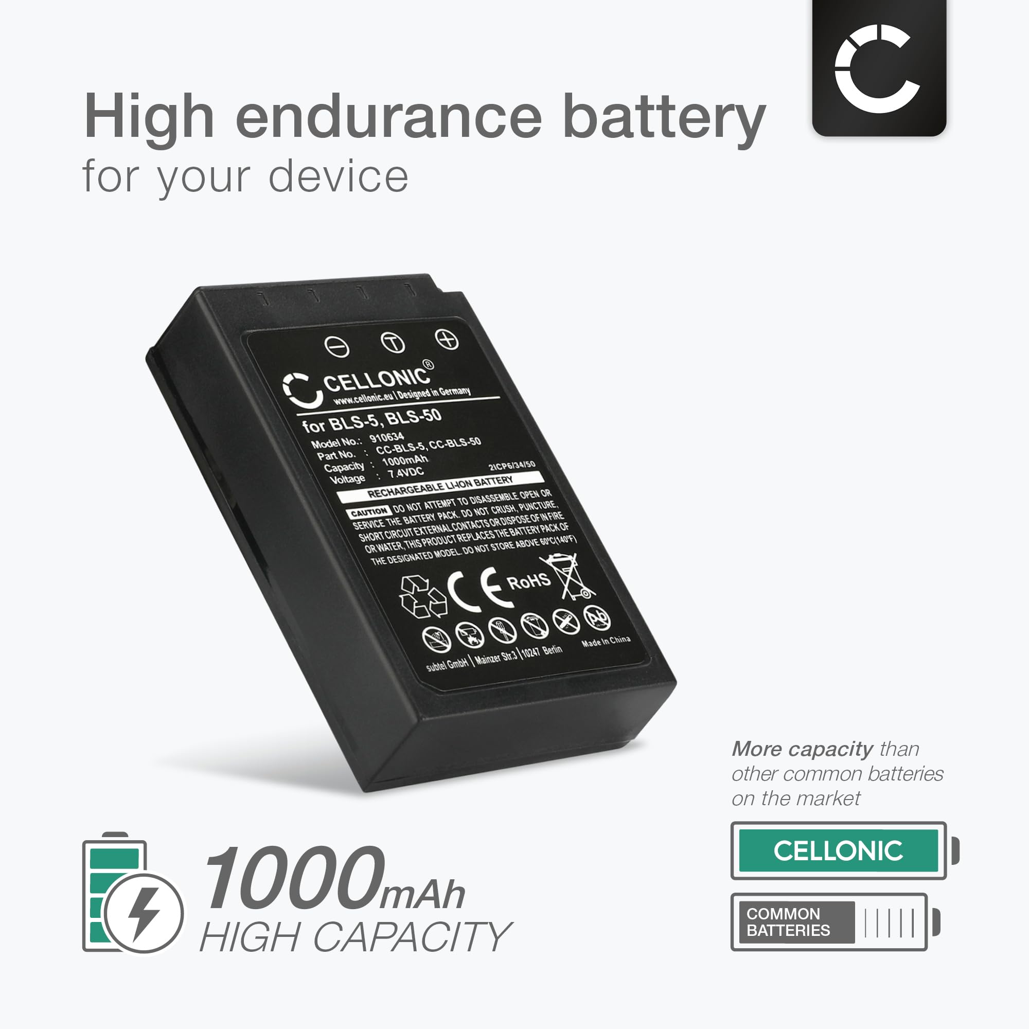 CELLONIC, Bateria do aparatu, kompatybilna z Olympus BLS-50, OM-D E-M10 Mark II, IV (7,4 V, 1000 mAh) 2 sztuki