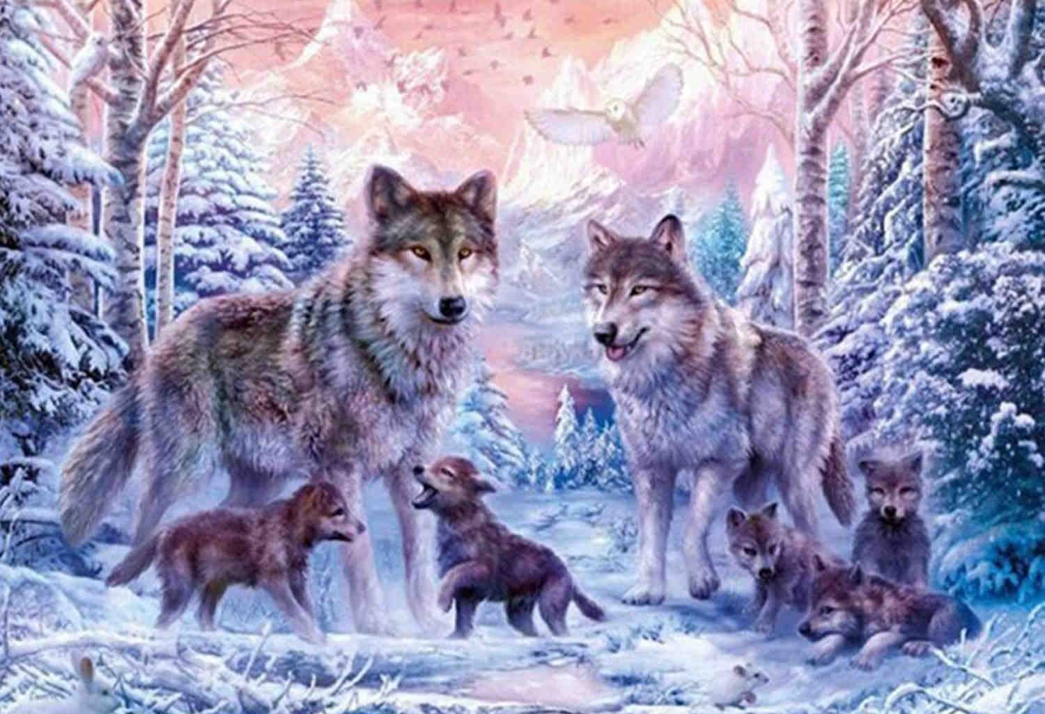 Paar Wölfe und Babywolf im Schnee – 2000-Teile-Papierpuzzle – Große Puzzles für Familientreffen 70x100cm