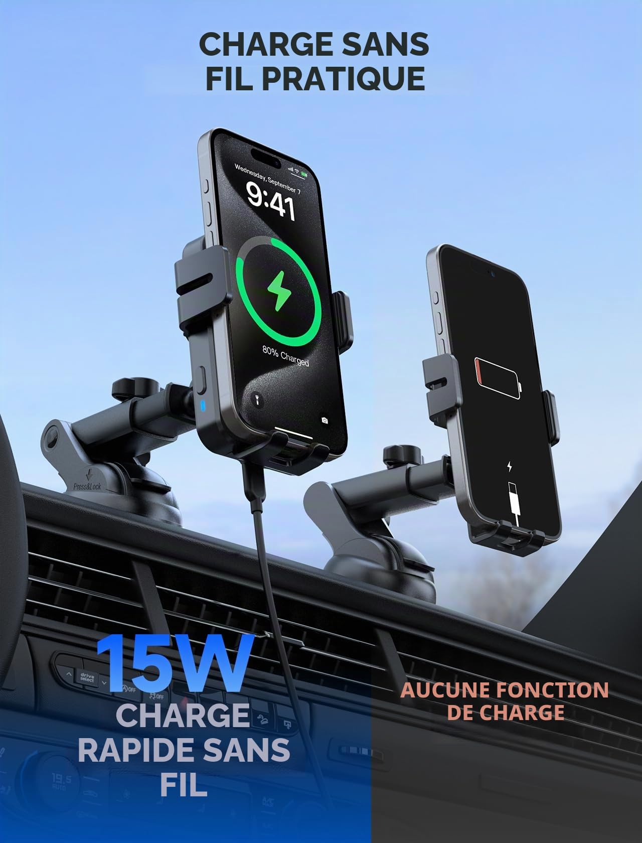 MOKPR 15W Support Telephone Voiture Induction, [Serrage Automatique] Rapide Chargeur Induction Voiture, Grille d'aération Tableau de Bord Pare-Brise pour iPhone 16/15/14/13/12&Samsung S24 S23 S22