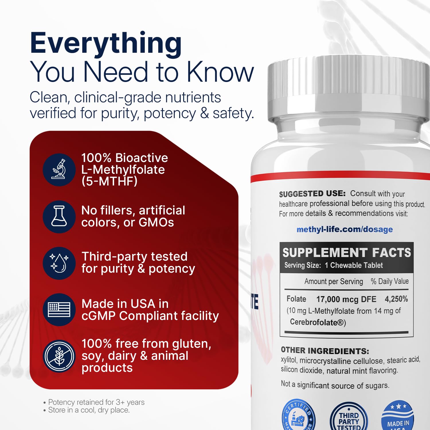 Methyl-Life® L-Methylfolate 10 mg - Chewable Active Folate Tablets with ultrapure Form of Cerebrofolate® (L-5-MTHF, Calcium) | Vegan, Non-GMO, Gluten-Free | 90 Chewable Tablet — Amazon image 2