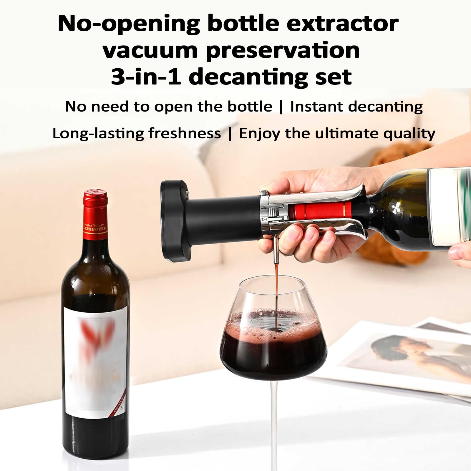 Aeratore elettrico per vino, estrattore 3 in 1 con versatore integrato e apribottiglie, conservazione sottovuoto per 72 ore, per appassionati di vino