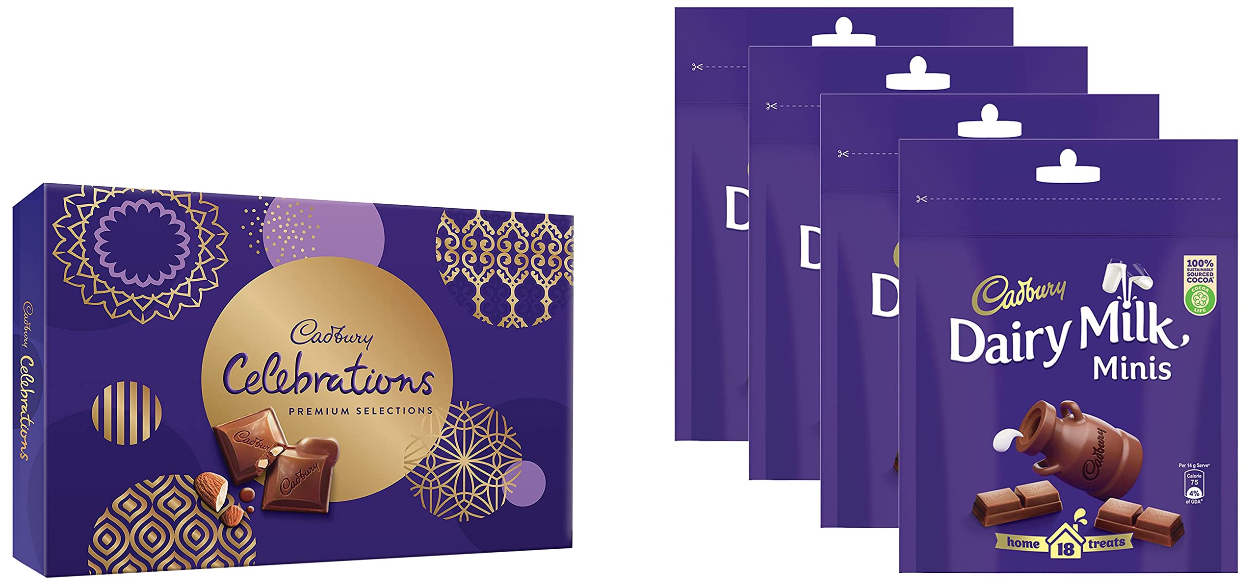 Cadbury Celebrations Chocolate Gift Pack - Assorted, Premium, 281 g & Cadbury Dairy Milk Chocolate Home Treats, 126g - Pack of 4