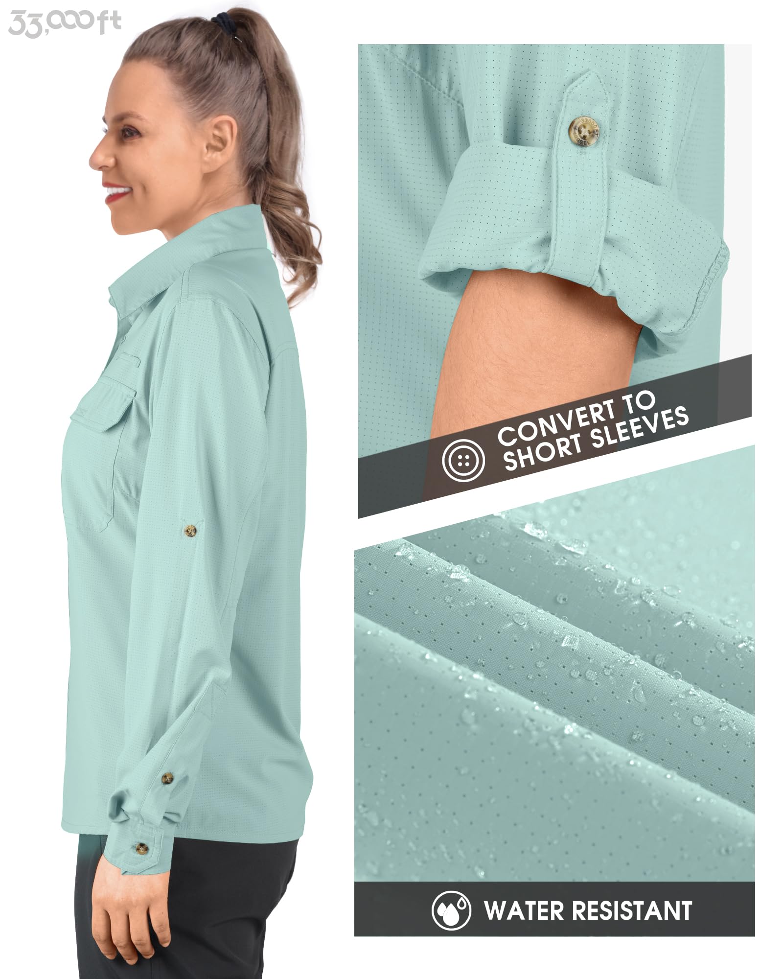 Camisa de mujer de 33,000 pies, protección UV UPF50+, secado rápido, manga larga, para pesca, safari, viajes, golf, verde claro, M