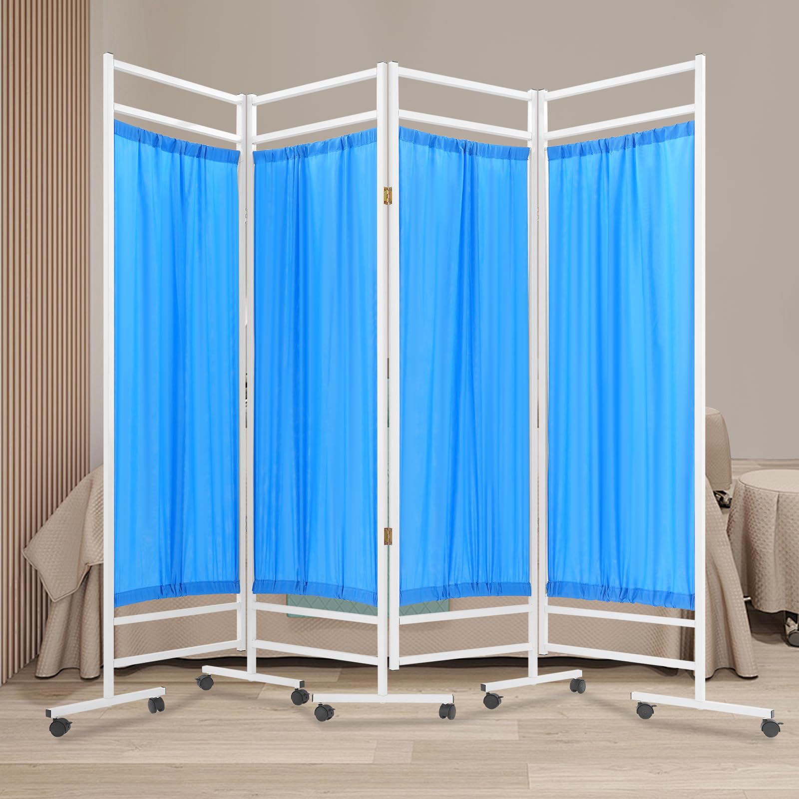6FT Medical Privacy Screen, Rolling Room Divider with Wheels for Office, Beauty Salon, Hospital, Clinic, Massage Room, Double-Layer Nylon Fabric, More Privacy (Blue)