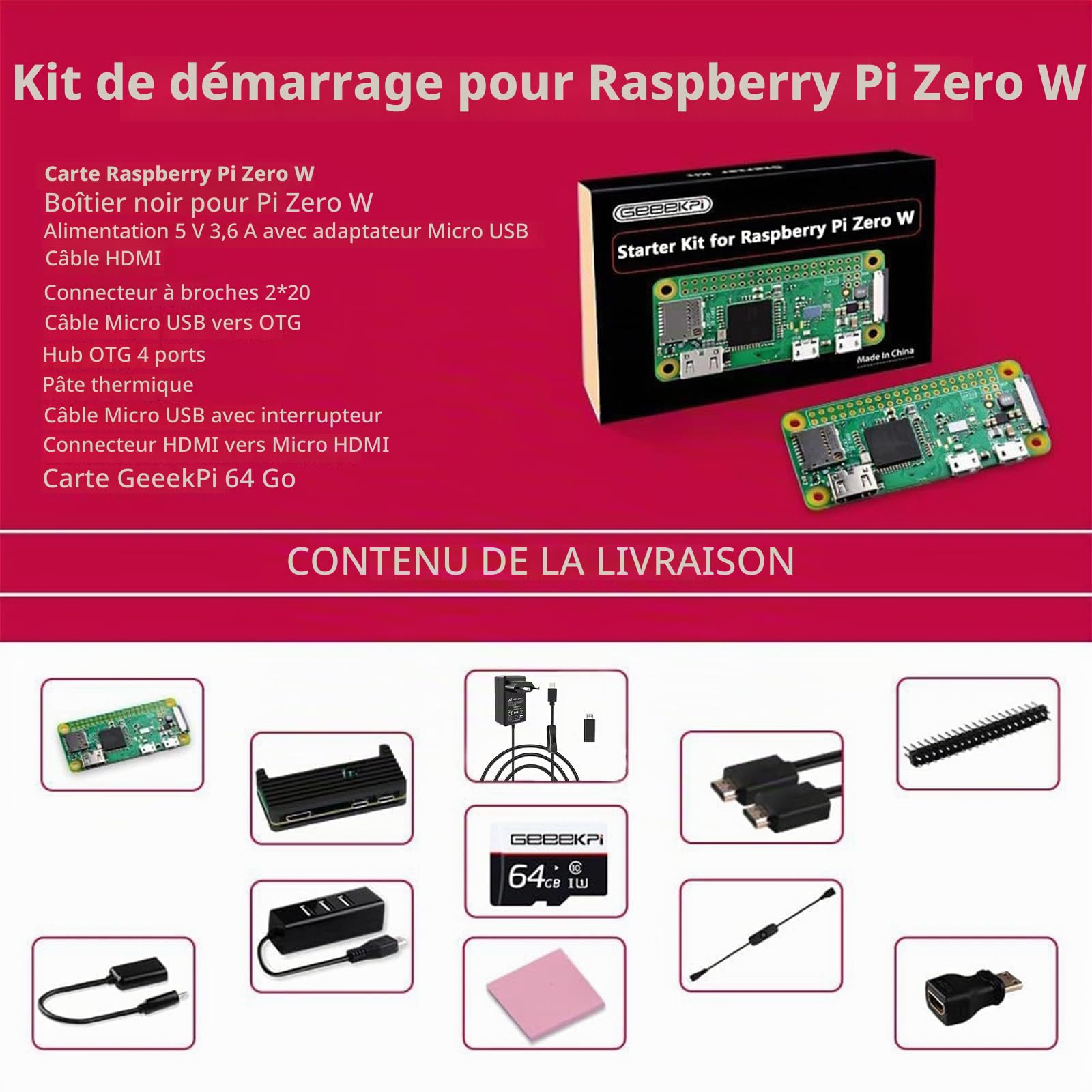 GeeekPi Raspberry Pi Zero W Starter Kit with RPi Zero W Aluminum Case, QC3.0 Power Supply, 64GB Card Preloaded OS, 20Pin Header, Micro USB to OTG Adapter, HDMI Cable,Switch Cable and 4 Port USB Hub