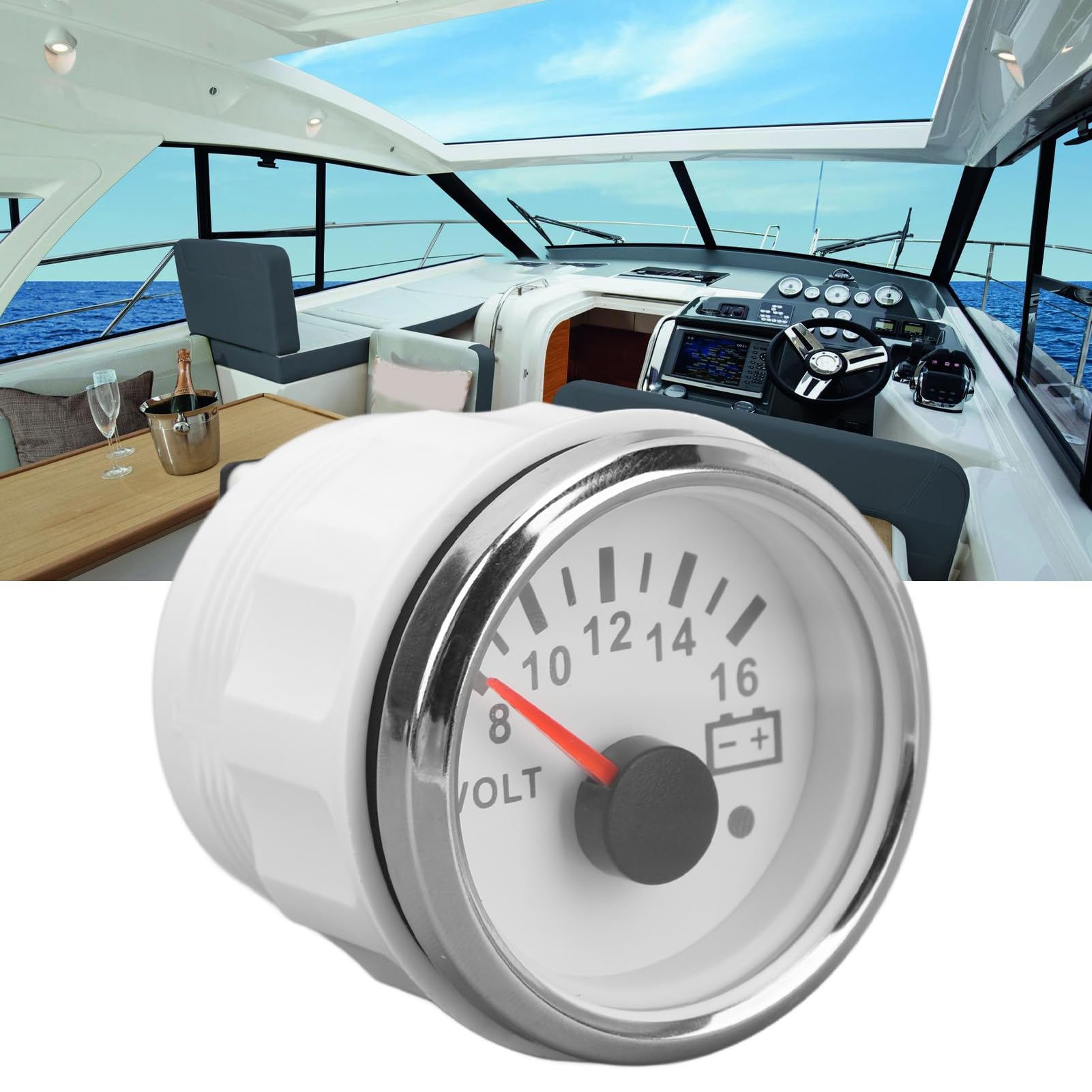 52MM Voltmetro per Barche DC9 a 32V Indicatore di Tensione con Retroilluminazione Colorata per Camper Yacht Barche da Pesca Navi (Copertura in argento con piastra bianca)
